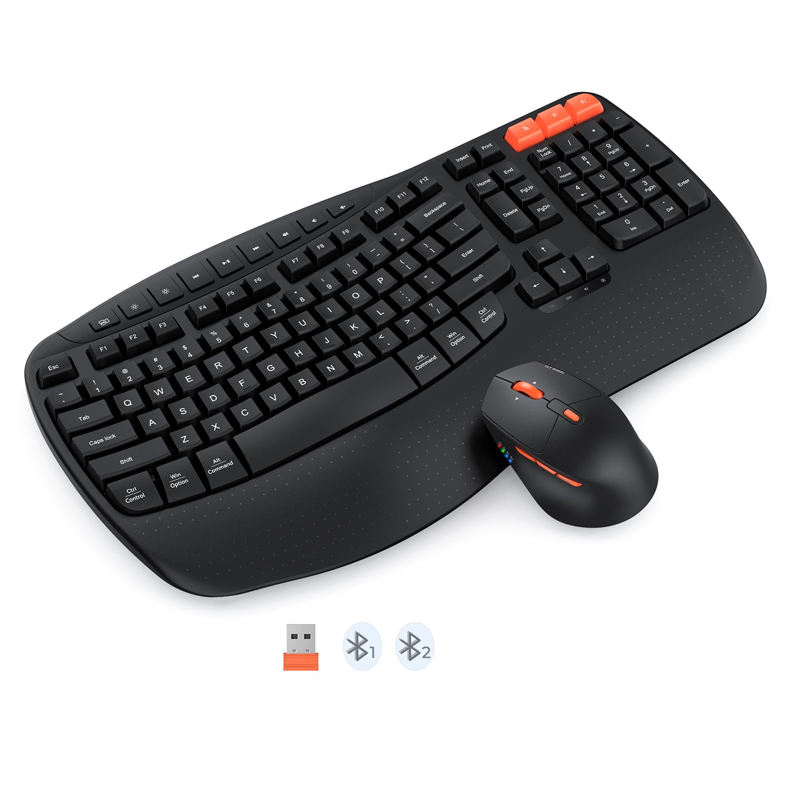 MEETION Wave Ergonomic Wireless Keyboard and Mouse Combo - Bluetooth/USB Connectivity with Wrist Rest, 4 DPI Adjustable Silent Mouse, Rechargeable for Windows/Mac/Android (Black) - Perfect for Office Work, Gaming & Long Typing Sessions