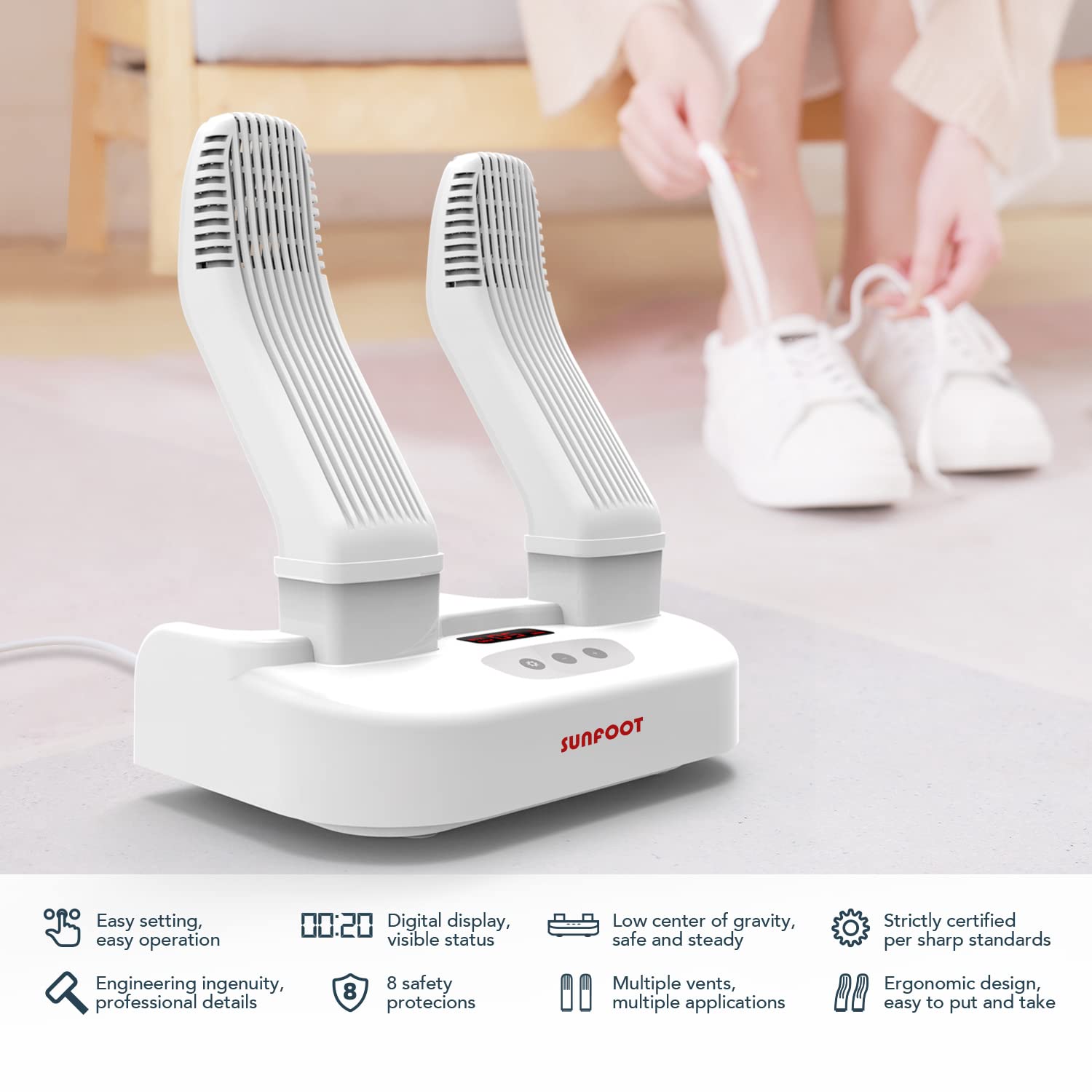 SUNFOOT Boot Dryer & Shoe Dryer - Fast Drying Gear for Work Boots, Ski Boots, Motorcycle Helmets, Gloves & Hats - Adjustable Timer & Rack with Heat Blower - Perfect for Winter Sports, Outdoor Work & Motorcycle Riding (White)