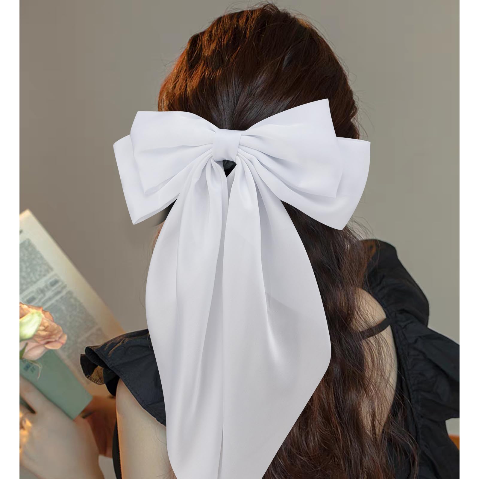 Velscrun 3Pcs Large Satin Hair Bows for Women & Girls - White, Pink, Black - Oversized Hair Clips with Long Tail Ribbons - Perfect for Parties, Weddings, and Everyday Hair Accessories