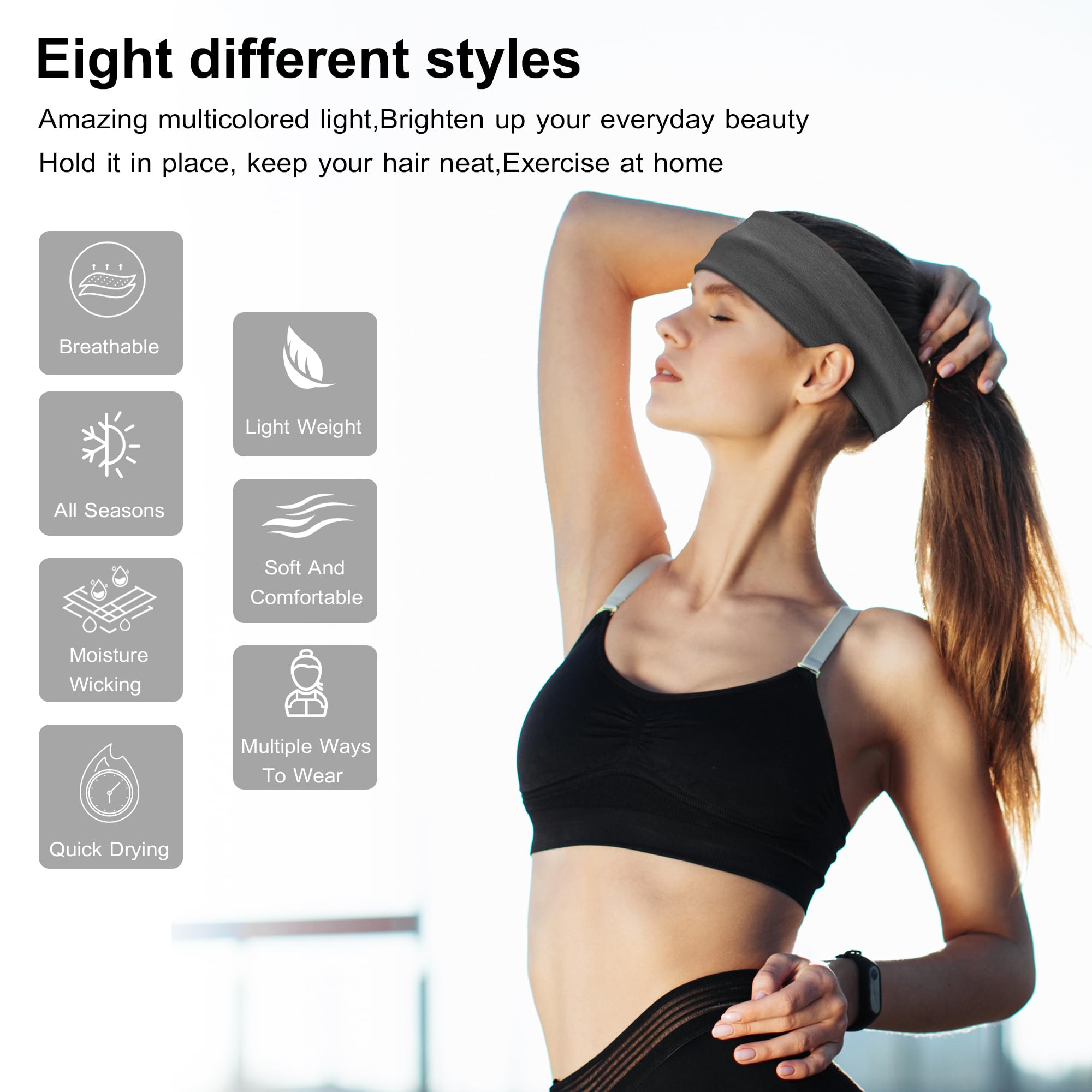 Non-Slip Headbands for Women - Soft Stretchy Cotton Sports Hair Bands for Yoga, Running & Outdoor Activities - 8 Pack Women's Workout Headwear for Gym, Jogging & Fitness Training