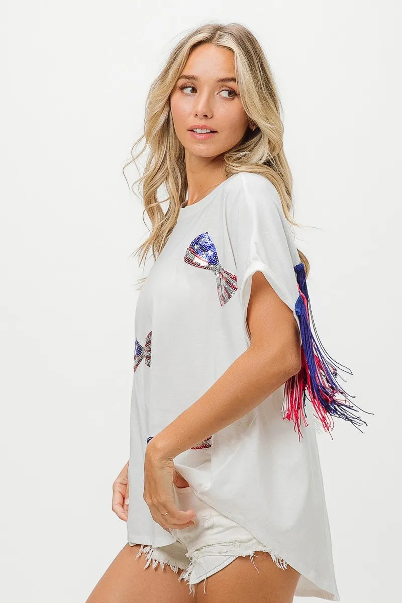 BiBi Patriotic American Flag Sequin Ribbon T-Shirt - Stylish USA Pride Top for Women, Perfect for 4th of July, Memorial Day & Independence Day Celebrations