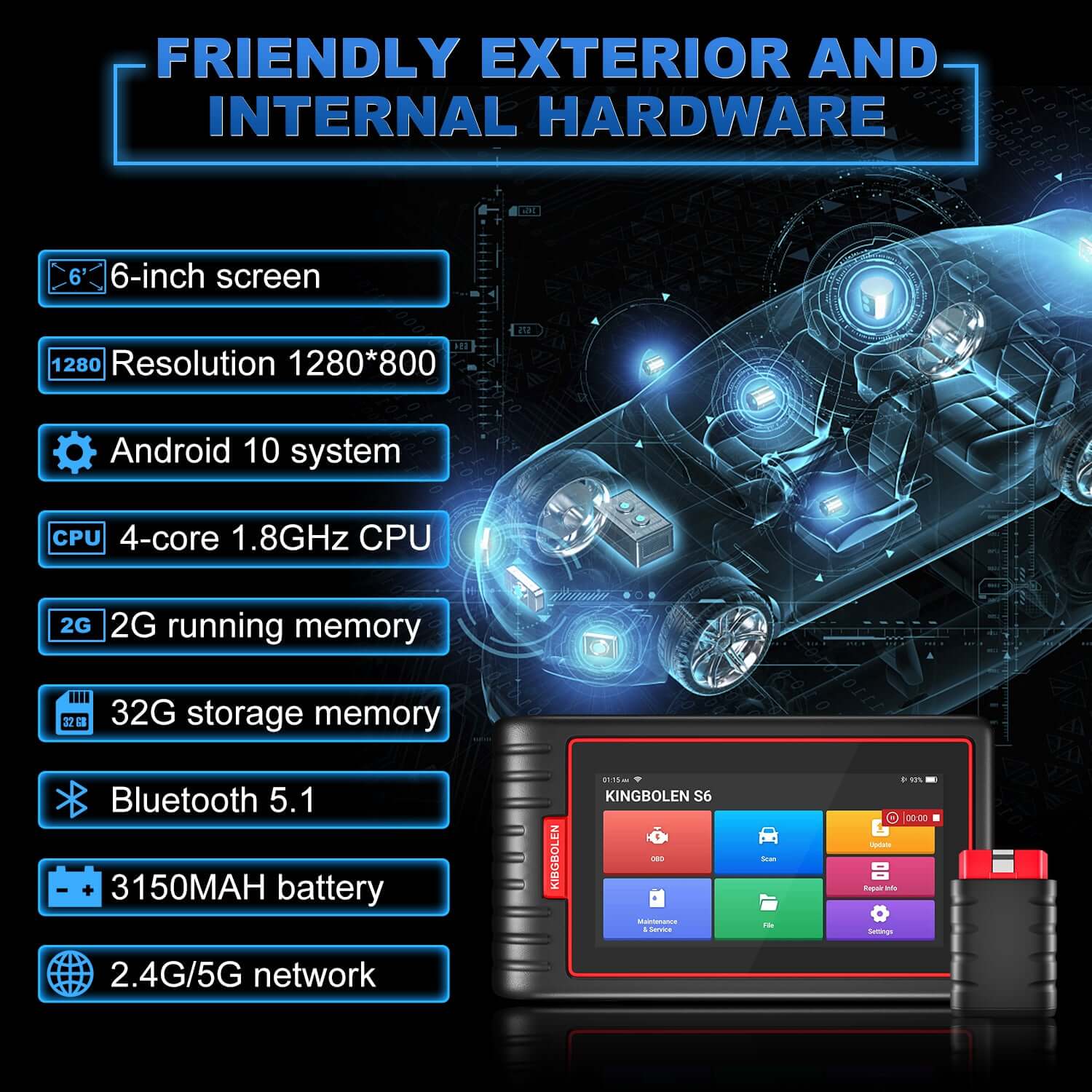 KINGBOLEN S6 OBD2 Scanner - Professional Car Diagnostic Tool with 28 Reset Functions, Lifetime Free Updates | Compatible with Most Vehicles for Engine, ABS, SRS, Transmission Diagnostics - Perfect for Mechanics & DIY Car Repair