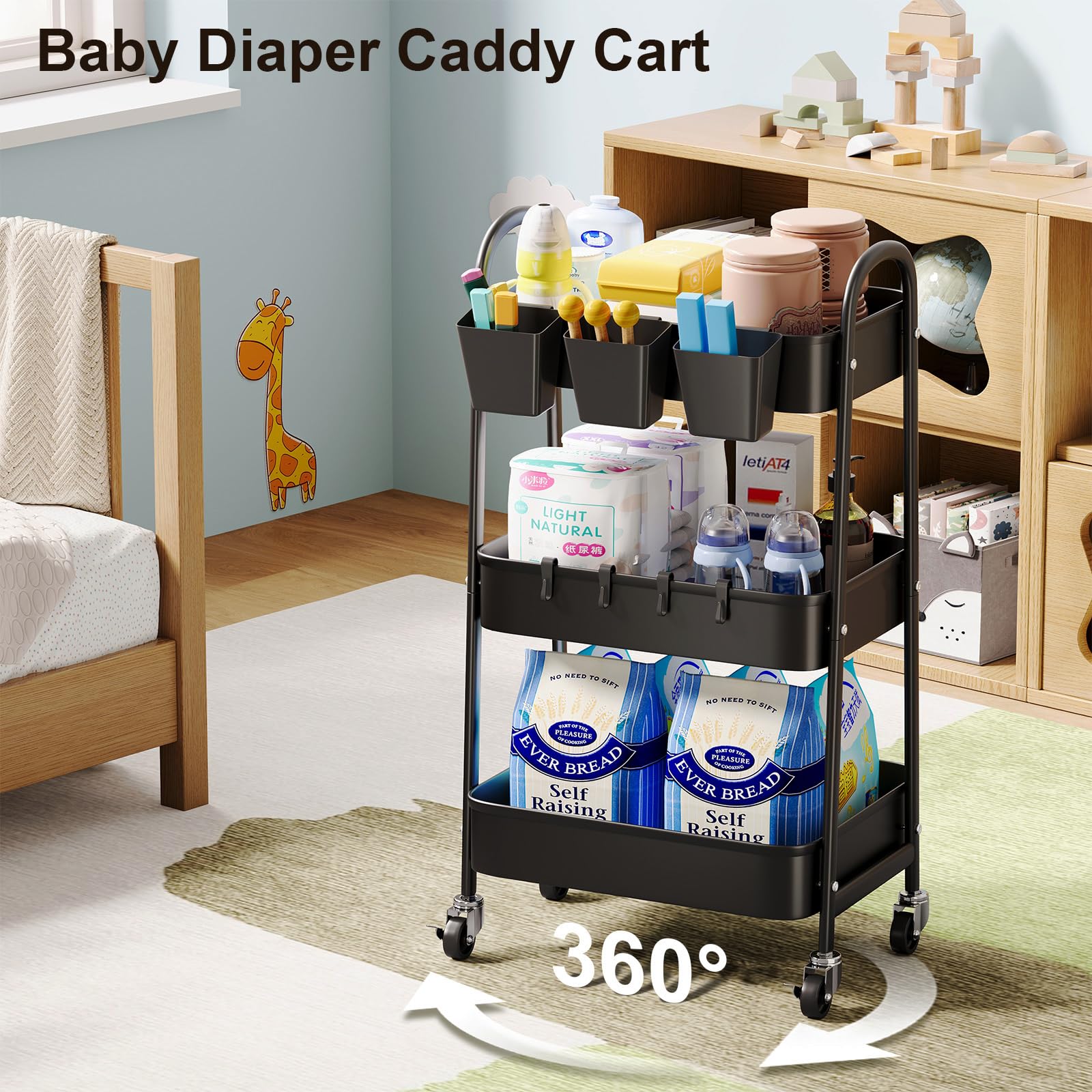 3 Tier Black Metal Rolling Cart with Lockable Wheels & Hanging Cups - Multi-Purpose Mobile Storage Organizer for Kitchen, Bathroom, Laundry, Office, Craft Room & Nursery - Perfect for Organizing Snacks, Books, Art Supplies & Baby Essentials