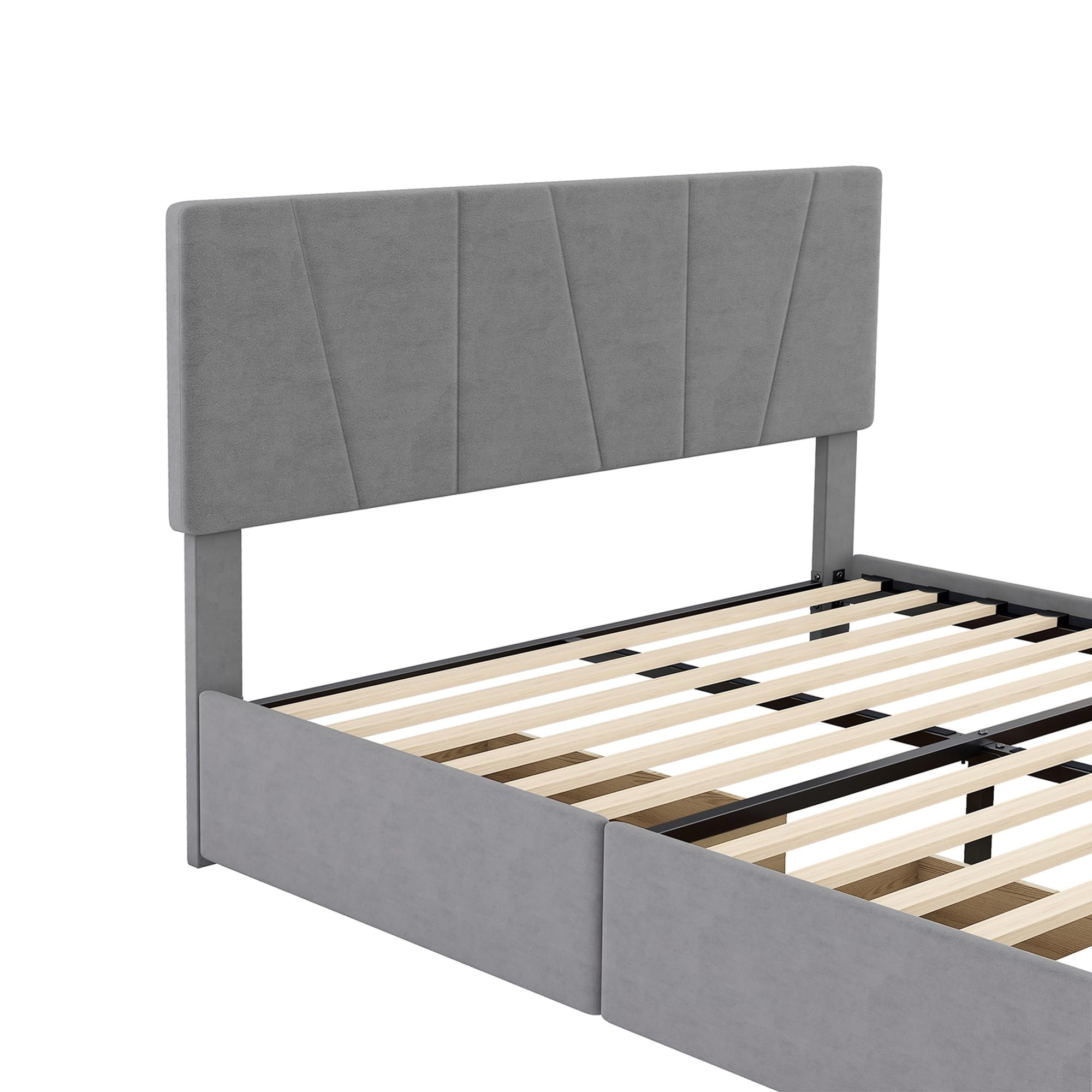 Polibi Full Size Velvet Upholstered Platform Bed with 4 Storage Drawers & Adjustable Headboard - No Box Spring Needed, Grey - Perfect for Small Bedrooms & Modern Apartments