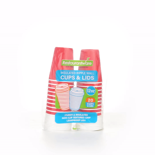12 oz Red Ripple Paper Coffee Cups with White Lids - 3.5