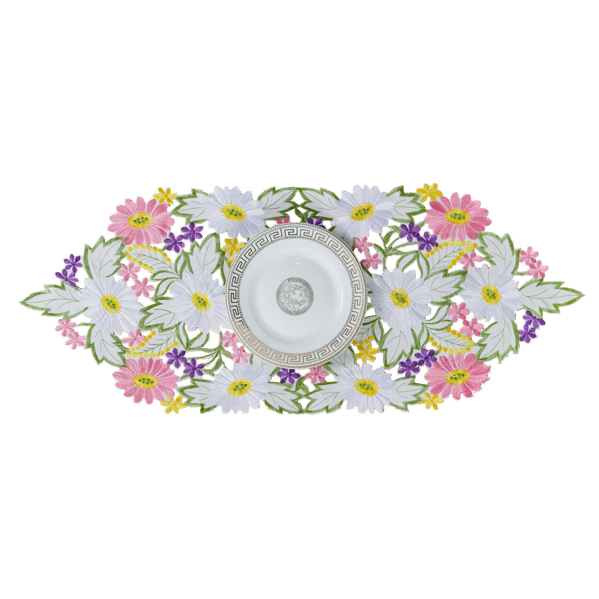 Spring Daisy Embroidered Table Runner - 13x34 Inch Floral Linen Tablecloth for Dining Room Decor, Wedding & Spring Party Decoration