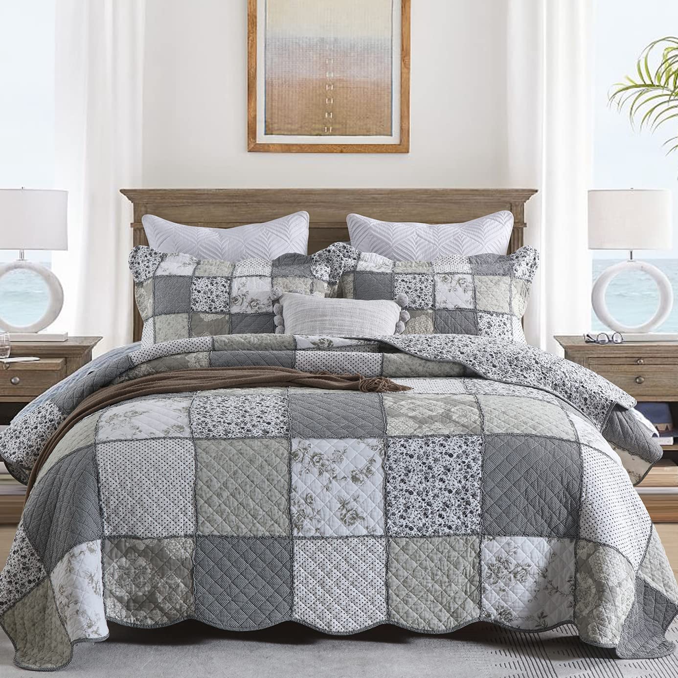 WONGS BEDDING 100% Cotton Reversible Patchwork Queen Quilt Set - Farmhouse Style 3-Piece Bedspread Coverlet (1 Quilt 90