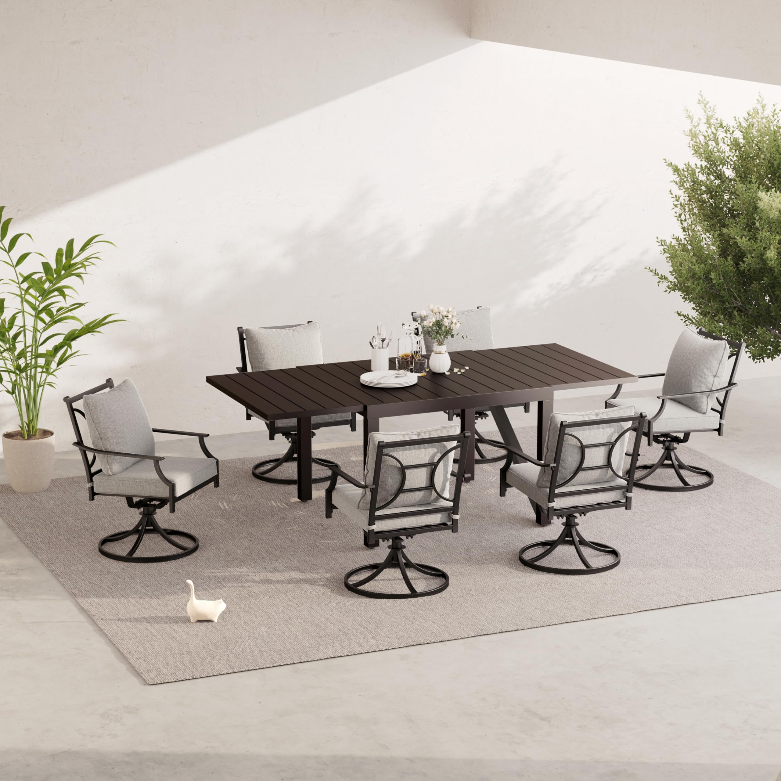 7-Piece Outdoor Dining Set for 6 - Swivel Patio Chairs with Olefin Cushions & Extendable Faux Wood Table - Perfect for Backyard BBQs, Poolside Gatherings & Garden Entertaining