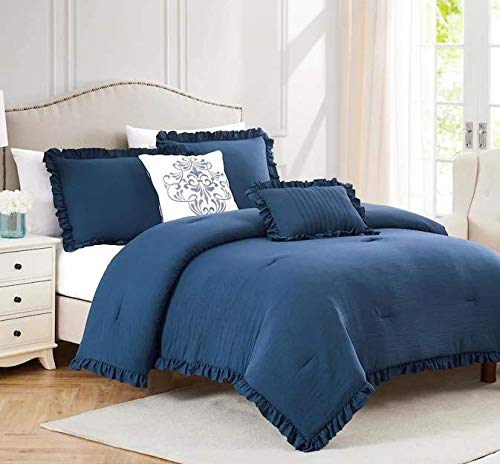Olivia Gray Portland Ruffled Comforter 5-Piece King Size Bedding Set - Navy Blue Solid Color Luxury Bed Comforter for Master Bedroom & Guest Room Decor