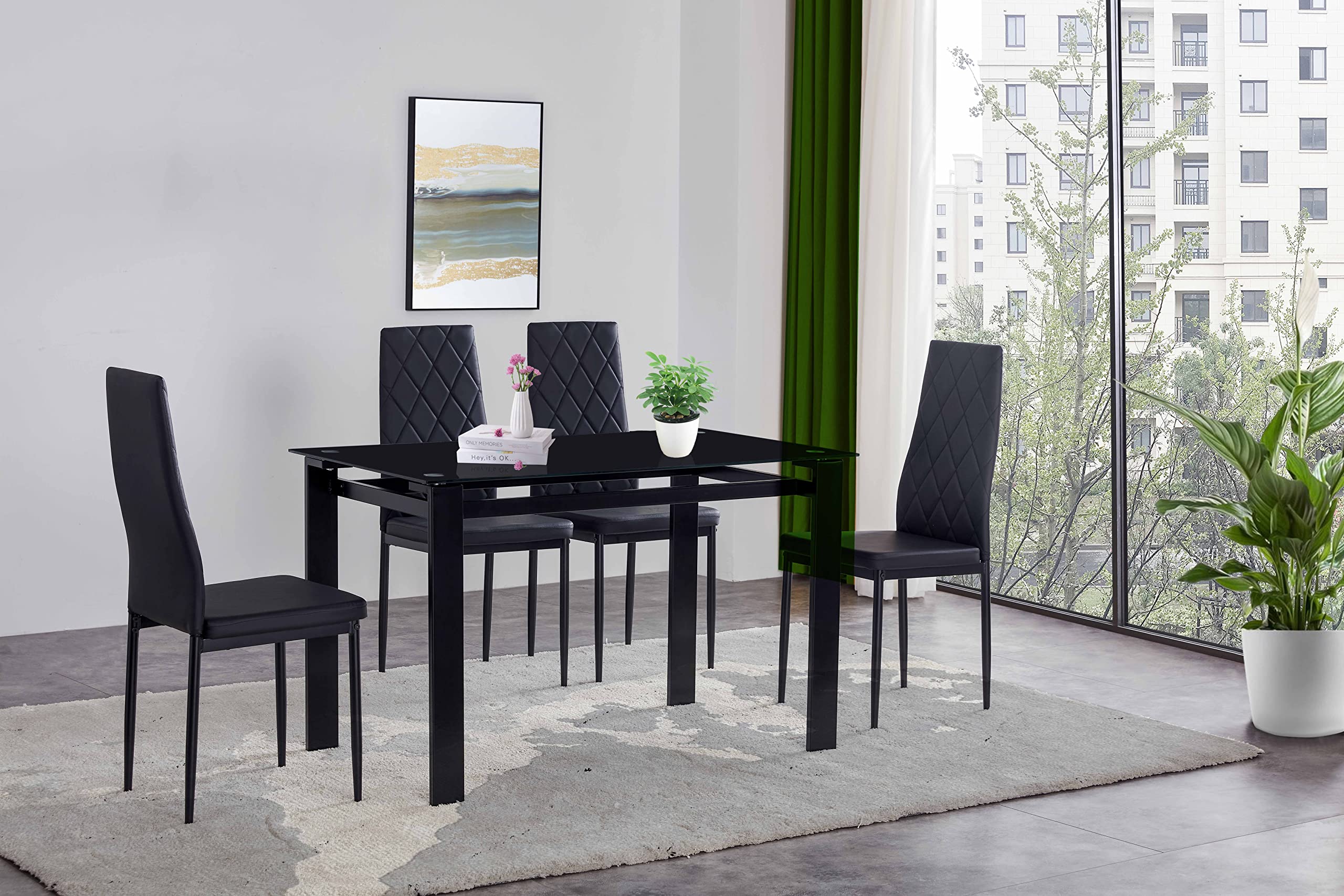 IANIYA 5-Piece Tempered Glass Dining Table Set - Transparent Table & Black Chairs, Modern Kitchen Room Furniture, 2023 New Black Set 5 for Small Spaces and Compact Homes