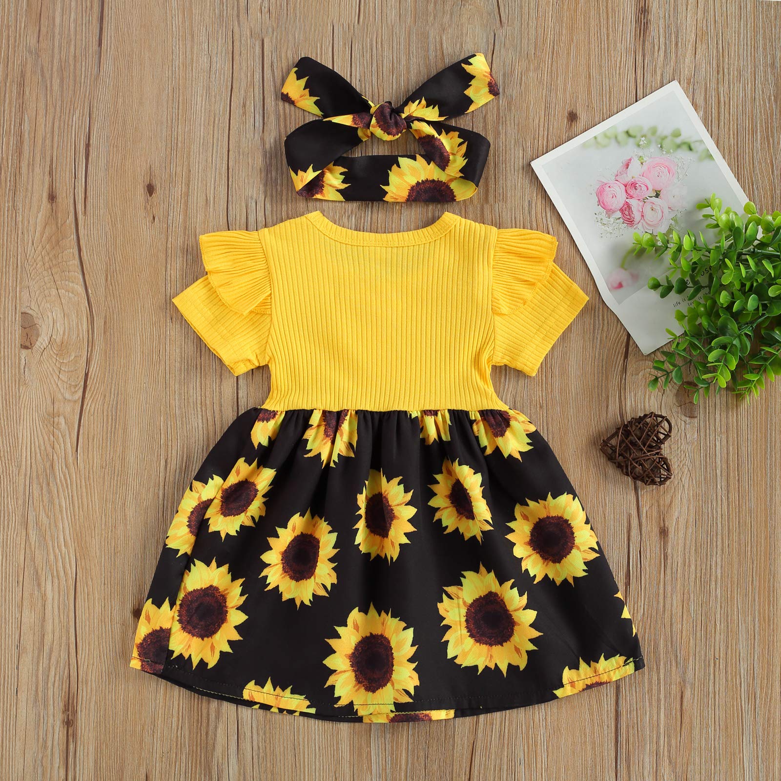 Floral Ruffle Dress for Girls - Round Neck Short Sleeve Summer & Fall One-Piece Dress | White & Yellow | Perfect for Birthday Parties, School Events & Family Outings