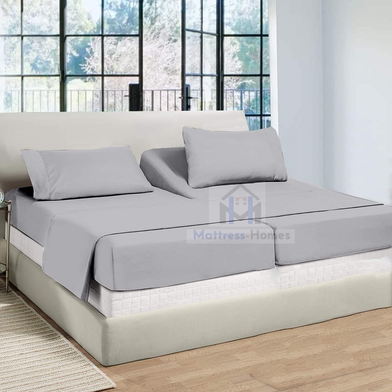 Premium 600 Thread Count 100% Long Staple Combed Cotton Split King Sheet Set - 5 Piece Adjustable Bed Sheets for Split King Size Beds (Light Grey) - Perfect for Adjustable Beds, Master Bedrooms & Luxury Hotels