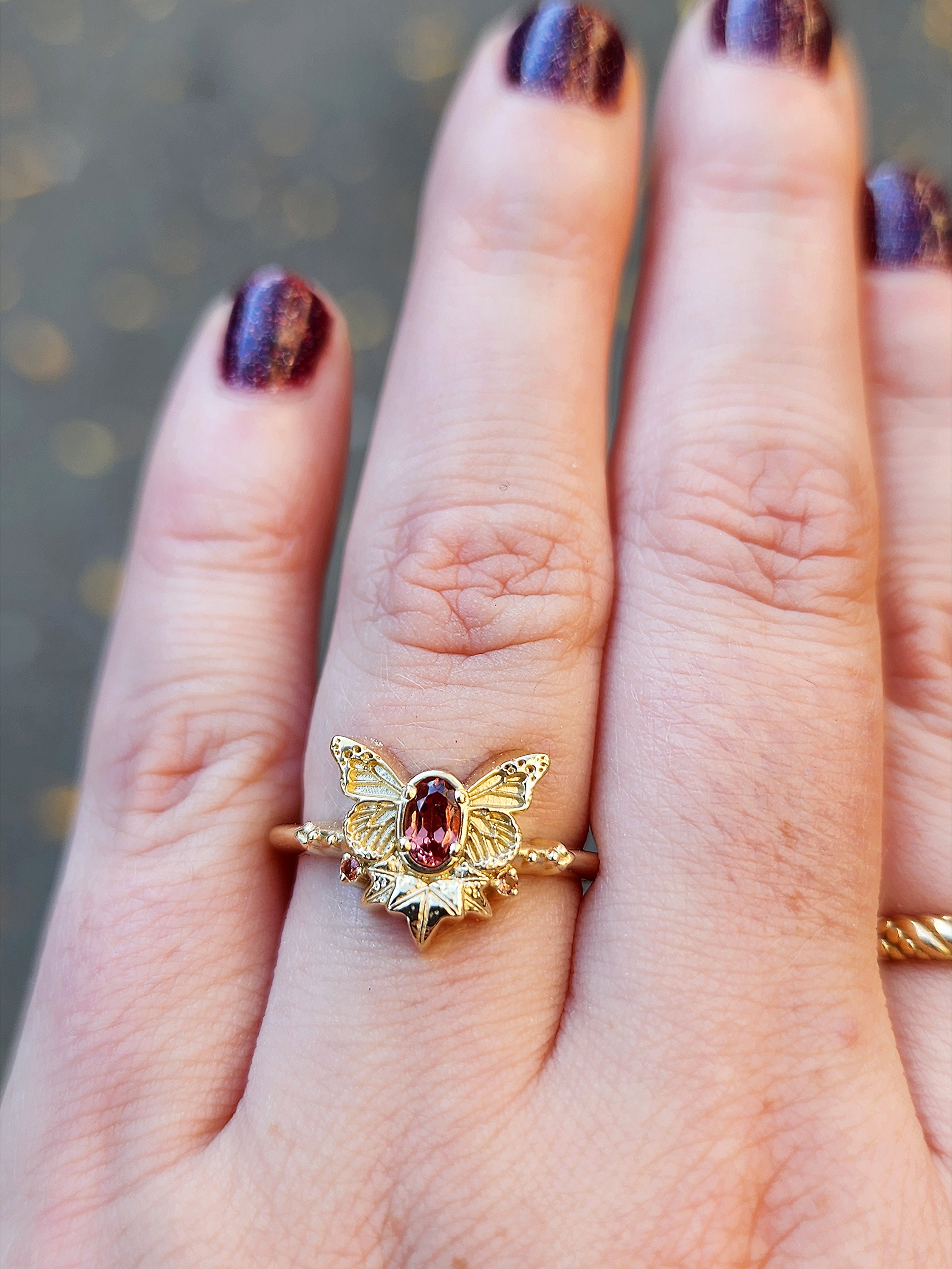 14K Gold Butterfly Fairy Ring with Oval Sapphire - Nature Inspired Bug Jewelry, Ivy Leaves Design, Custom Gemstone Option | Perfect for Engagement, Fantasy Wedding, Boho Jewelry Collection