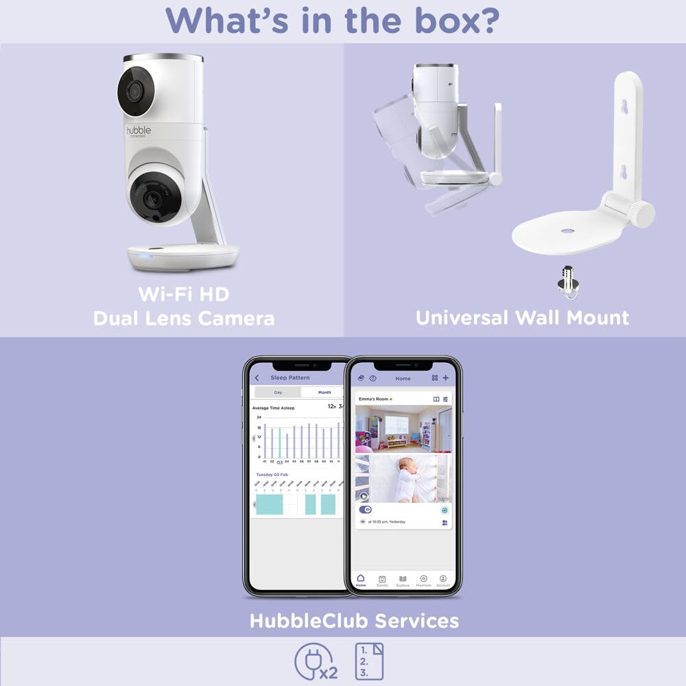 Hubble Connected Nursery Pal Dual Vision Smart Wi-Fi Baby Monitor with AI Motion Tracking, Night Vision, Soothing Sounds & Lullabies - White | AI-Powered Infant Safety Camera for Nursery, Bedroom & Travel Use