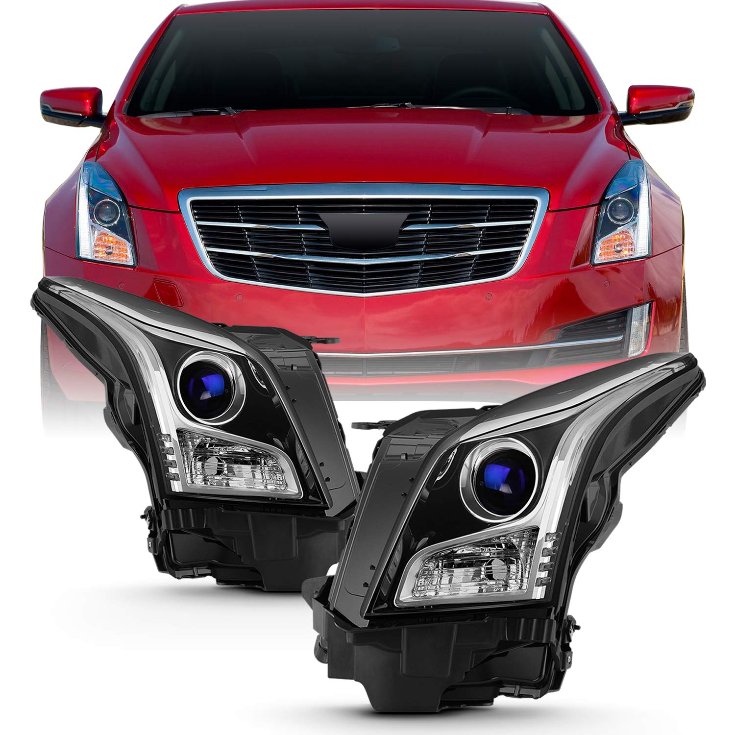 AKKON Chrome Projector Headlights for 2013-2018 Cadillac ATS Sedan (Halogen Type) - Driver & Passenger Side Pair - Enhanced Night Visibility & Modern Style Upgrade