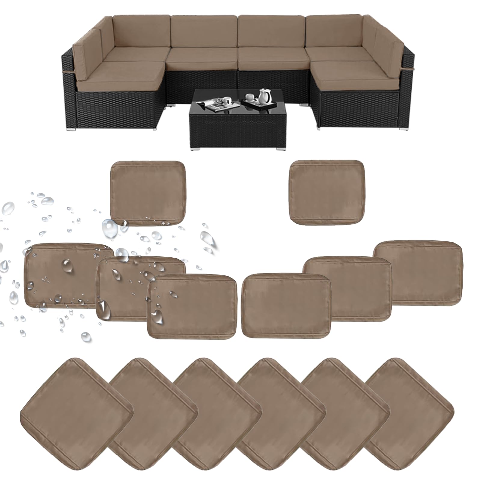 14-Piece Waterproof Outdoor Sectional Cushion Covers - Khaki Patio Furniture Slipcovers for Sofa, Loveseat & Chair - All-Weather Protection for Backyard, Deck & Poolside Use (14pcs)