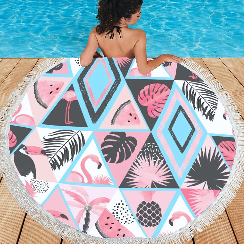 Tropical Print Round Beach Towel with Tassels - 59 Inch Large Pool Towel for Adults & Kids - Perfect for Beach, Poolside, Picnics and Outdoor Activities