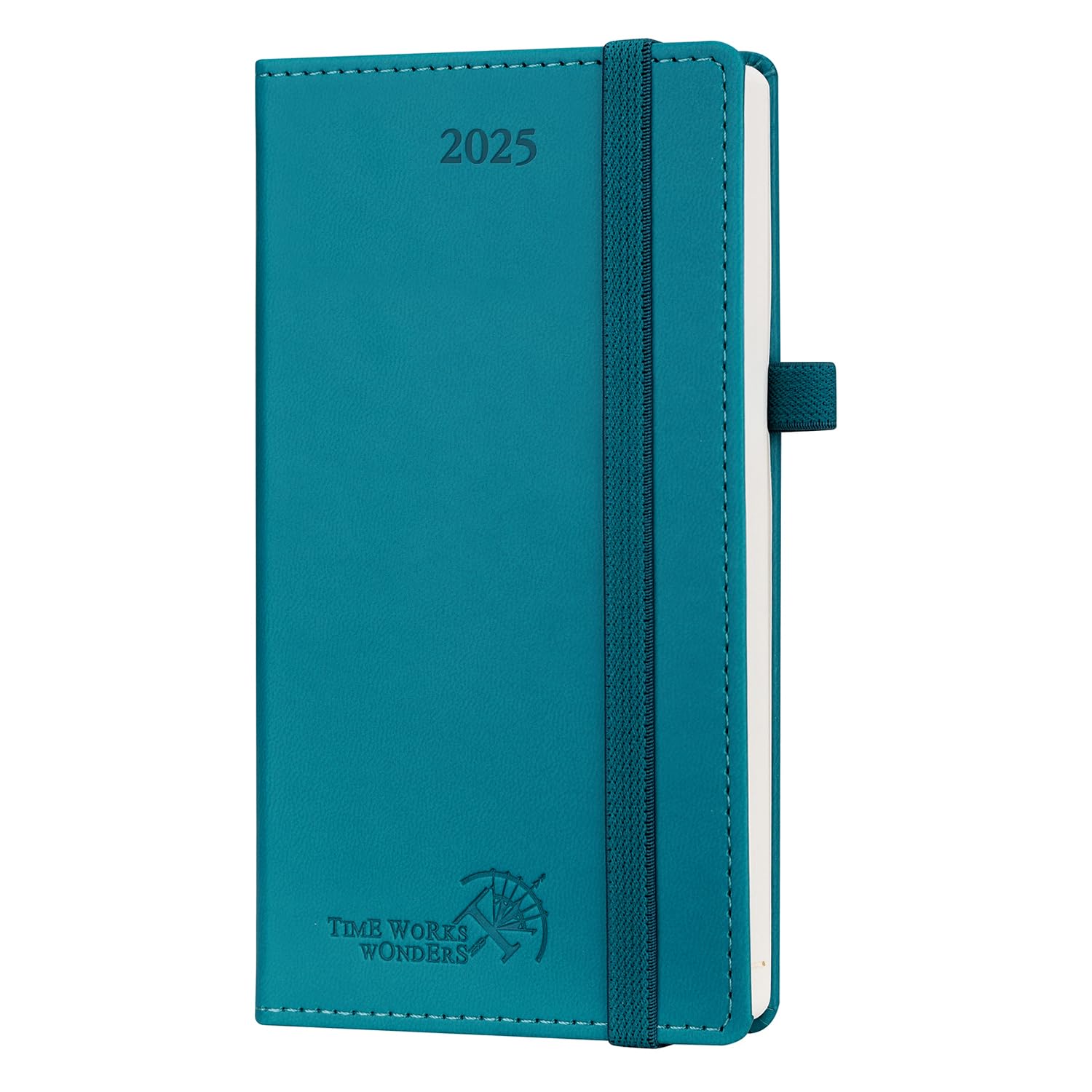 POPRUN Slim 2025 Pocket Diary - Weekly Planner with PU Leather Cover (16.5x9cm) - Small Work Planner with Inner Pocket - Pacific Green | Perfect for Business Meetings, School Scheduling & Personal Organization