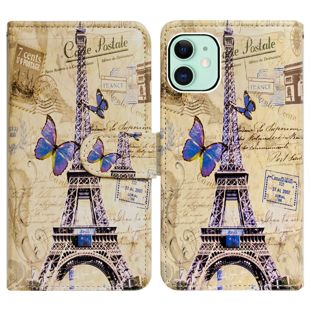 Eiffel Tower Postcard Flip Leather Wallet Case for iPhone 11 with Credit Card Slots & ID Holder - Kickstand Feature for Hands-Free Viewing | Perfect for Travel, Commuting & Daily Use