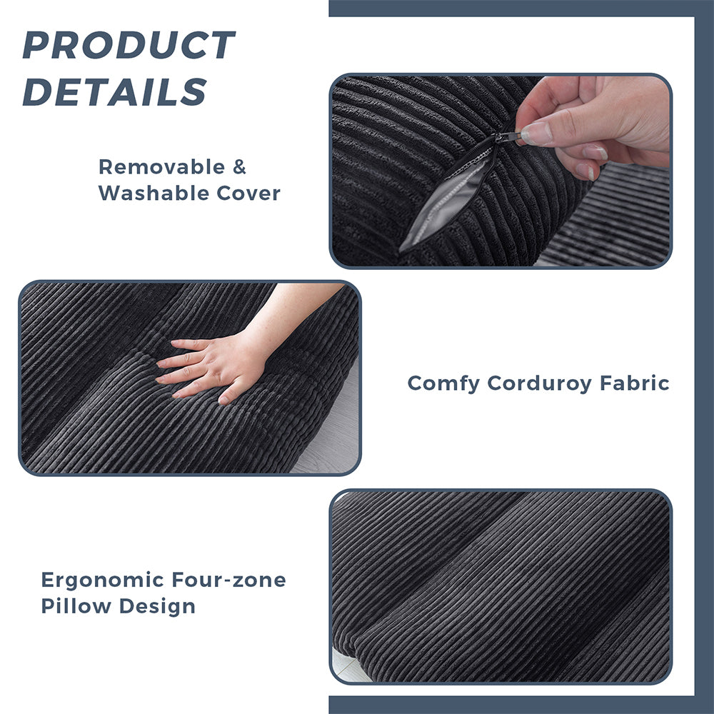 MAXYOYO Folding Sofa Bed - Extra Wide Corduroy Floor Sofa for Small Spaces, Dark Grey | Convertible Guest Bed & Lounge Chair for Apartments, Dorms & Living Rooms