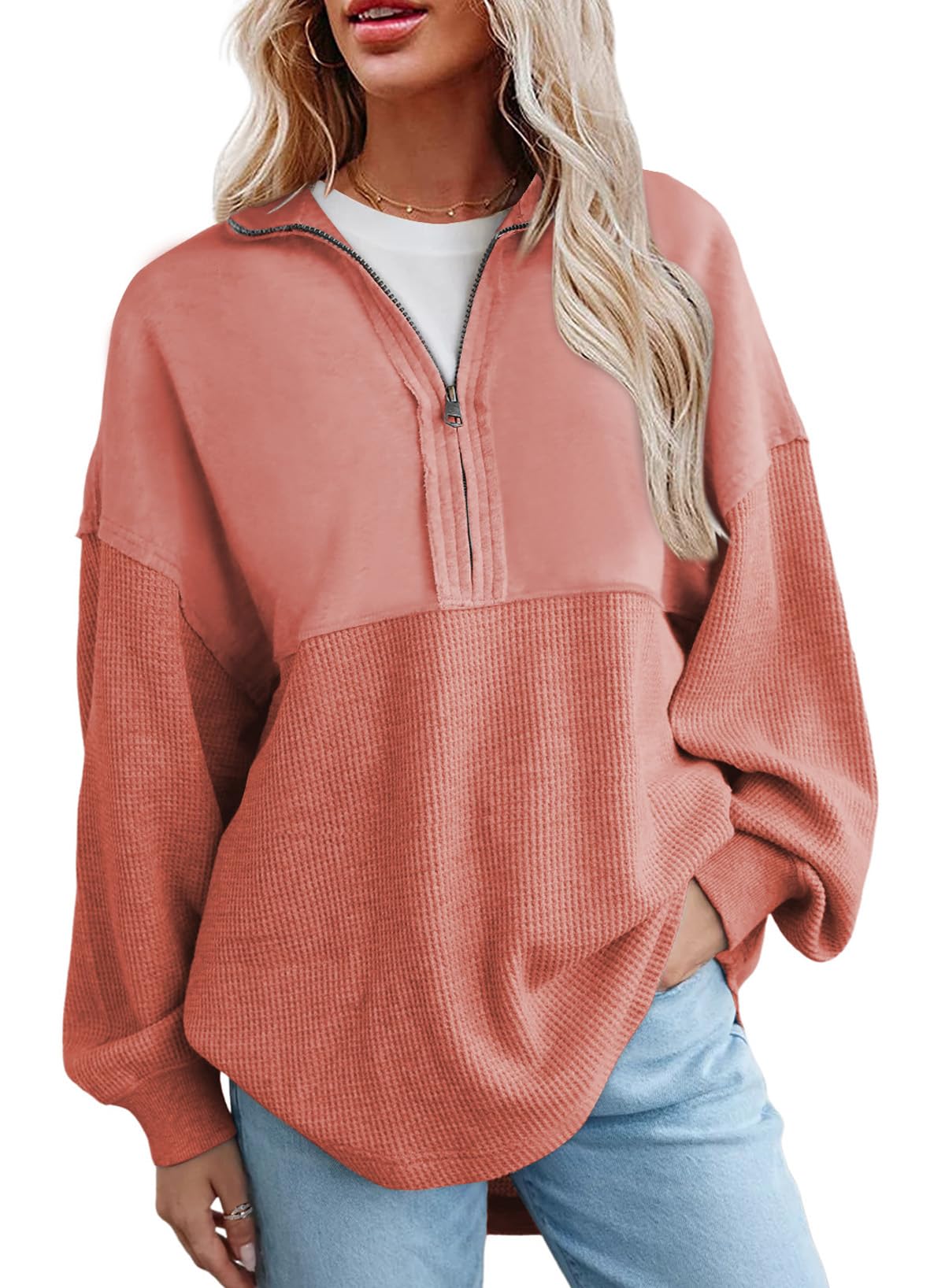 SHEWIN Women's Casual Waffle Knit Half Zip Pullover Sweatshirt - Loose Fit Long Sleeve Top for Fall & Winter 2024 | Cozy Layering for Work, Travel & Outdoor Activities