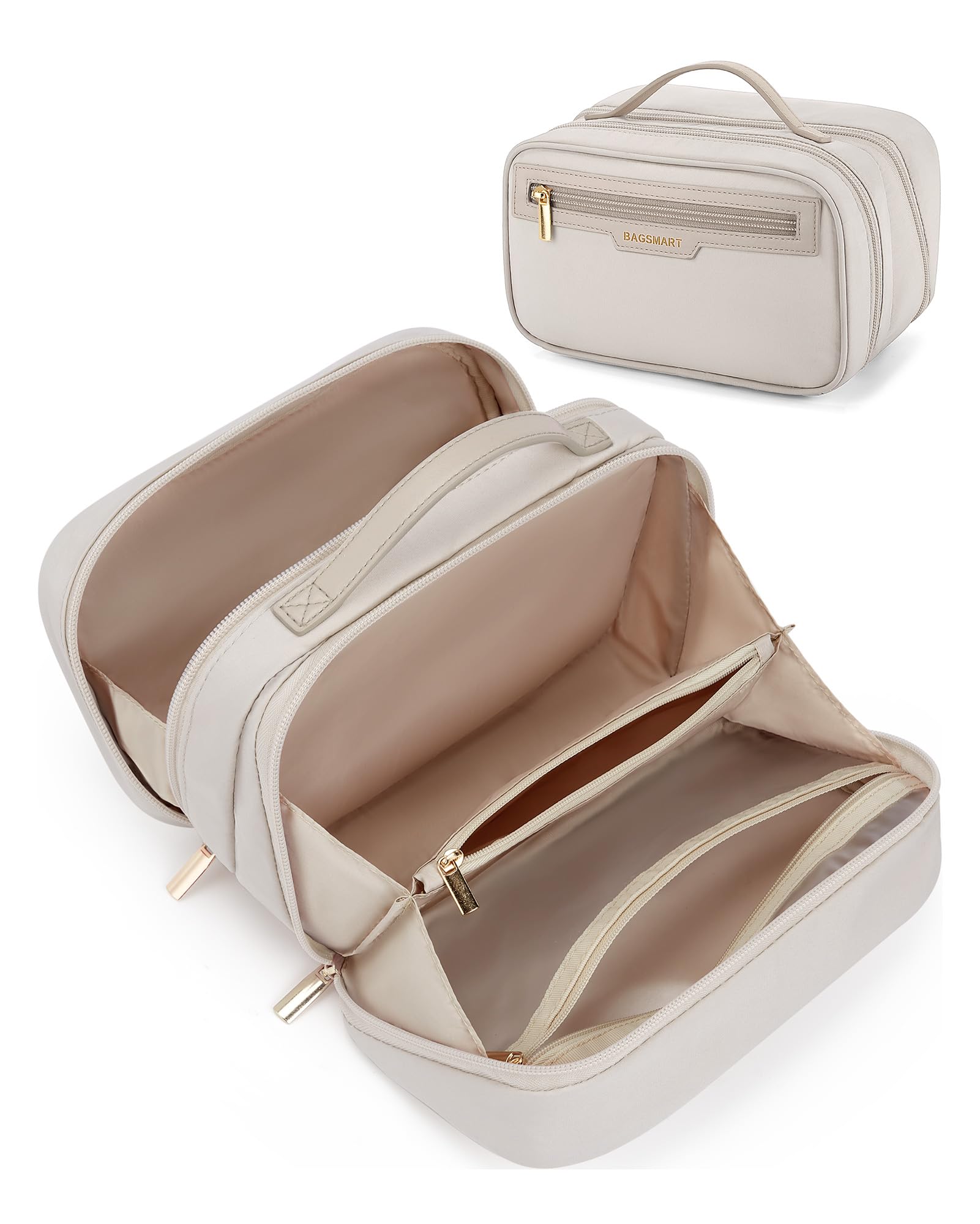 BAGSMART Large Travel Makeup Bag for Women - Spacious Cosmetic Organizer with Wide Opening, Perfect for Travel Essentials, Toiletries, Brushes & Bottles (Warm Gray) - Ideal for Vacation, Business Trips & Daily Use