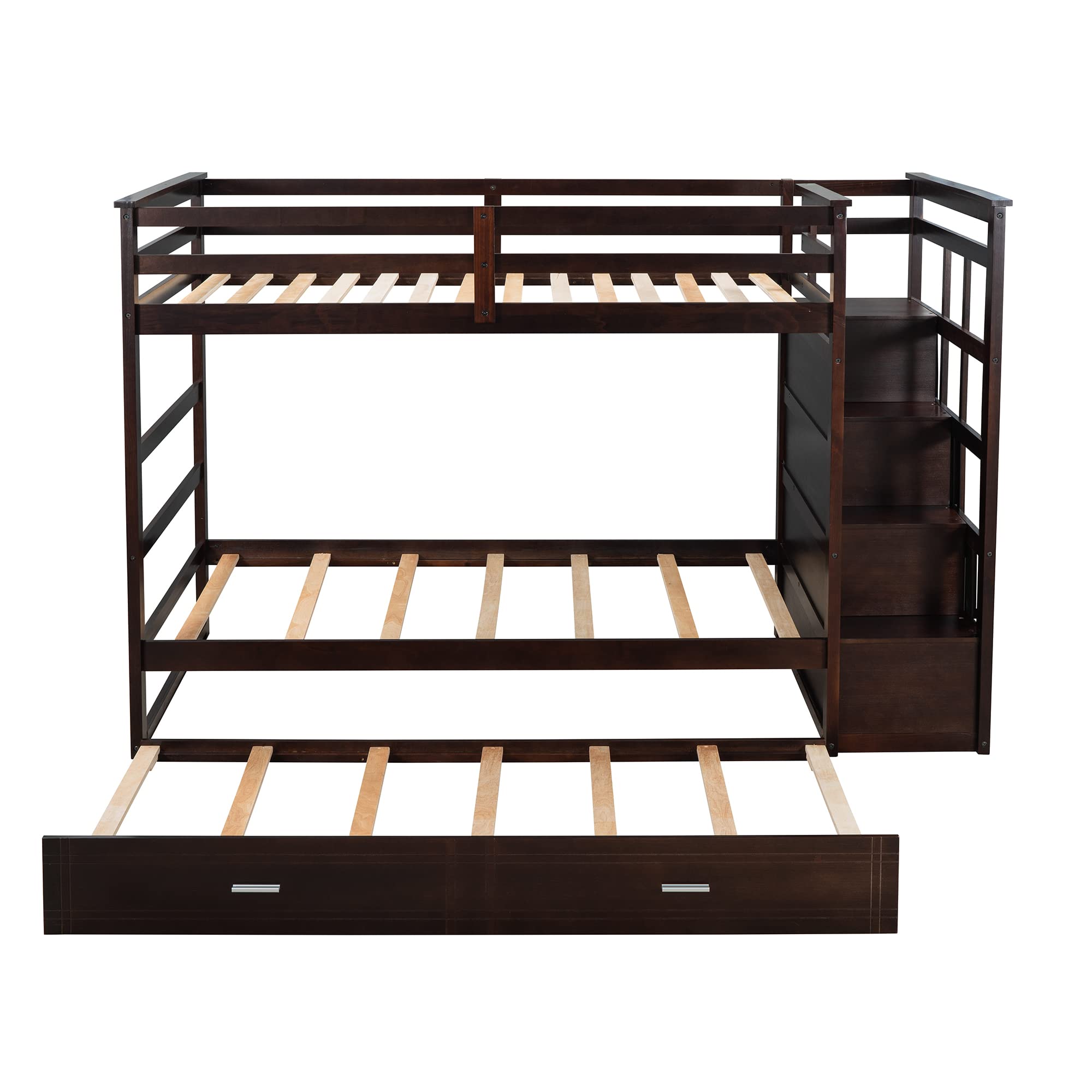 Twin Bunk Bed with Trundle & Storage Stairs - Solid Wood Frame for Kids' Bedroom