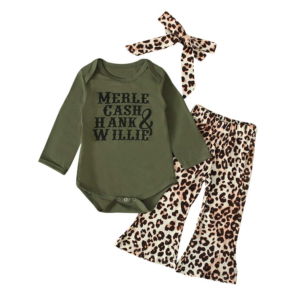 **Fineser Baby Girl Outfits - Leopard Print Flared Pants & Letter Top Romper Set with Headband | Newborn Infant Toddler Clothes for Playdates, Photos & Everyday Wear**
