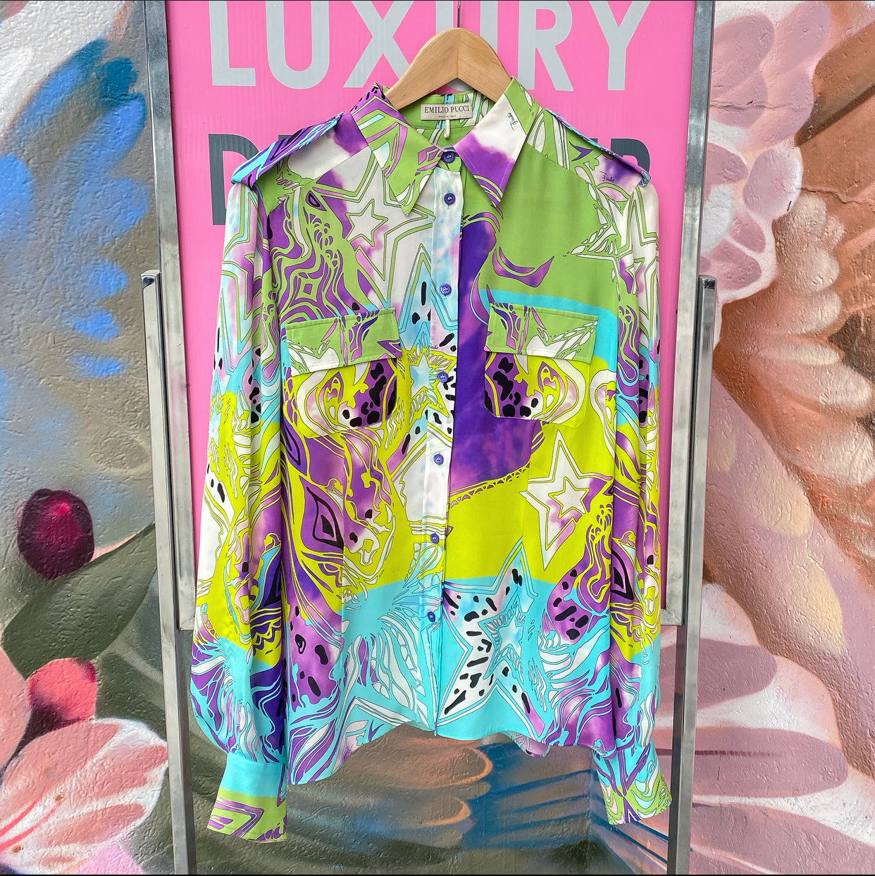 Emilio Pucci Women's Purple & Blue Silk Blouse with Floral Pattern - Size L (8/10) - Elegant Office Wear & Evening Party Top