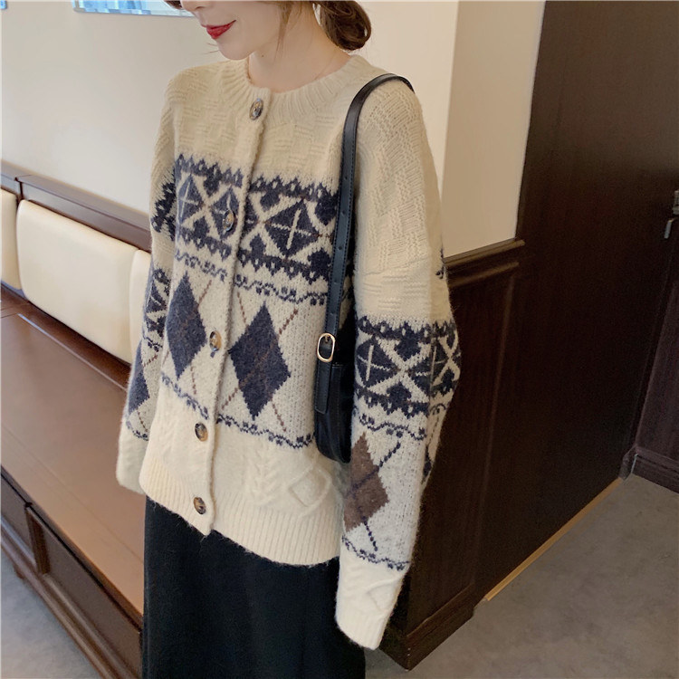 French Crew Neck Sweater for Women - Vintage Loose Knit Cardigan Jacket for Autumn & Winter | Cozy Fall Layering, Casual Office Wear & Holiday Outfits