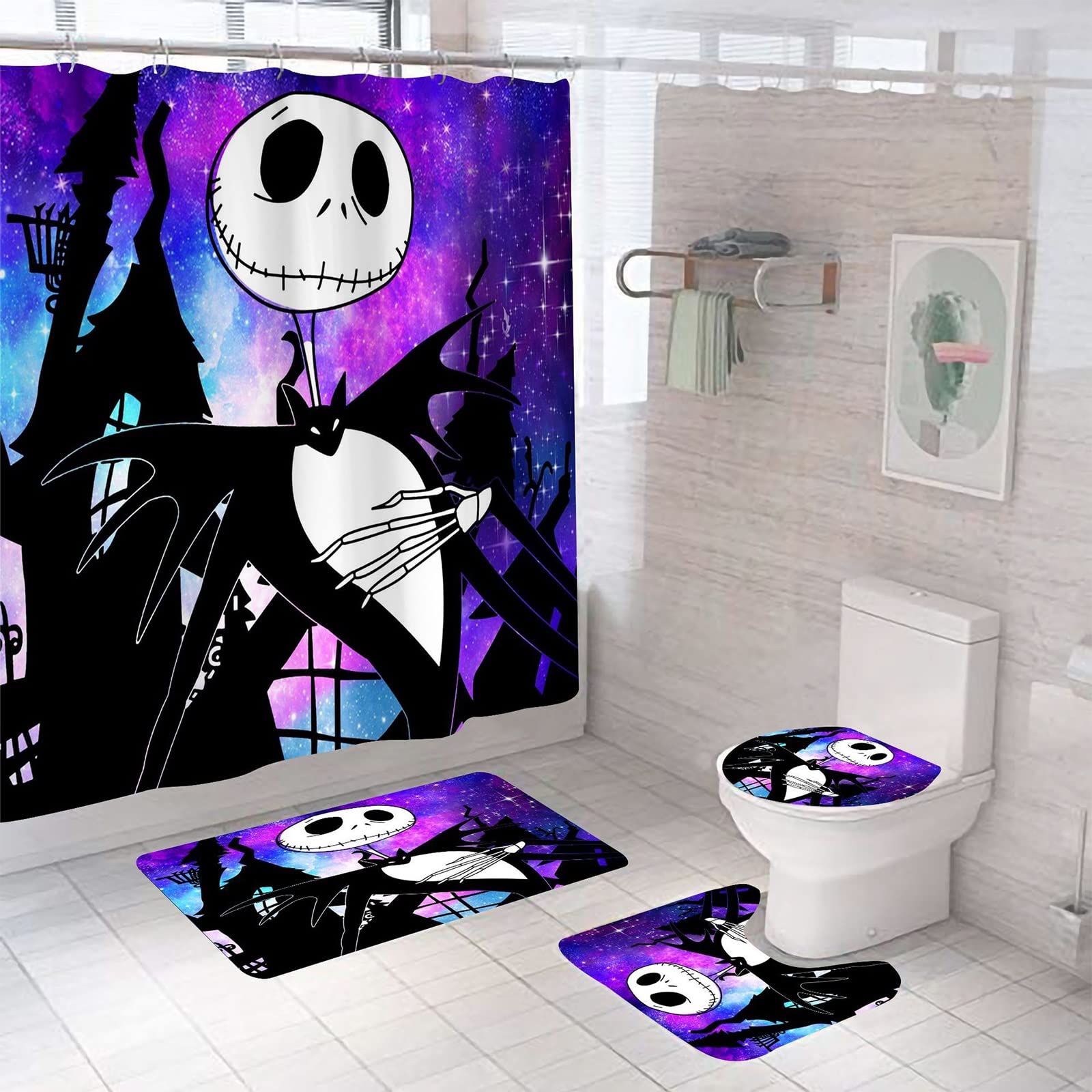 4-Piece Halloween Fantasy Puppet Shower Curtain Set with Matching Bath Rug, Toilet Lid Cover & Bath Mat - Spooky Bathroom Decor with 12 Hooks for Halloween Party & Themed Home Decor