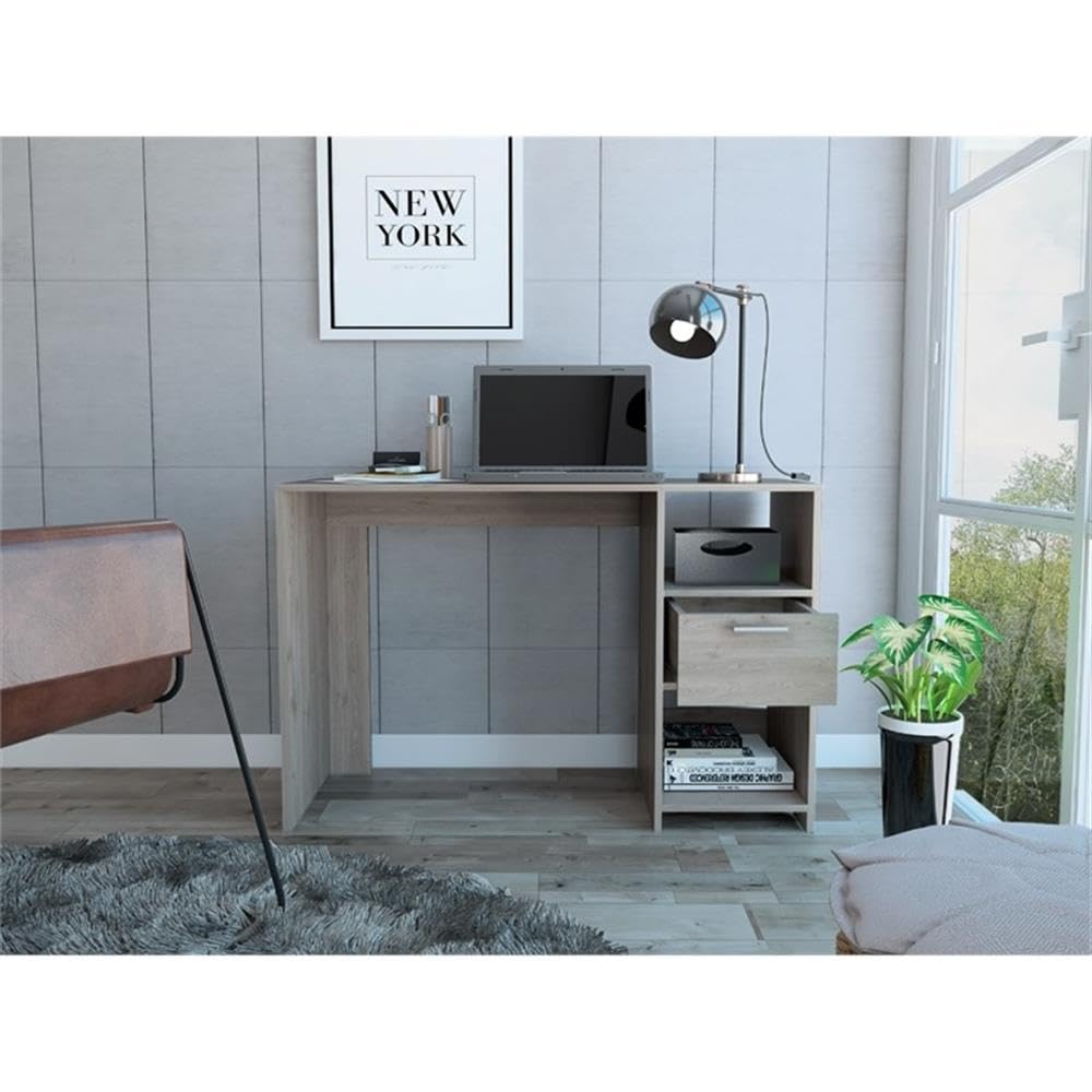 Modern Light Gray Arlington Computer Desk with Drawer & 2 Open Shelves - Home Office Workstation for Small Spaces, Study Room, or Bedroom Workspace