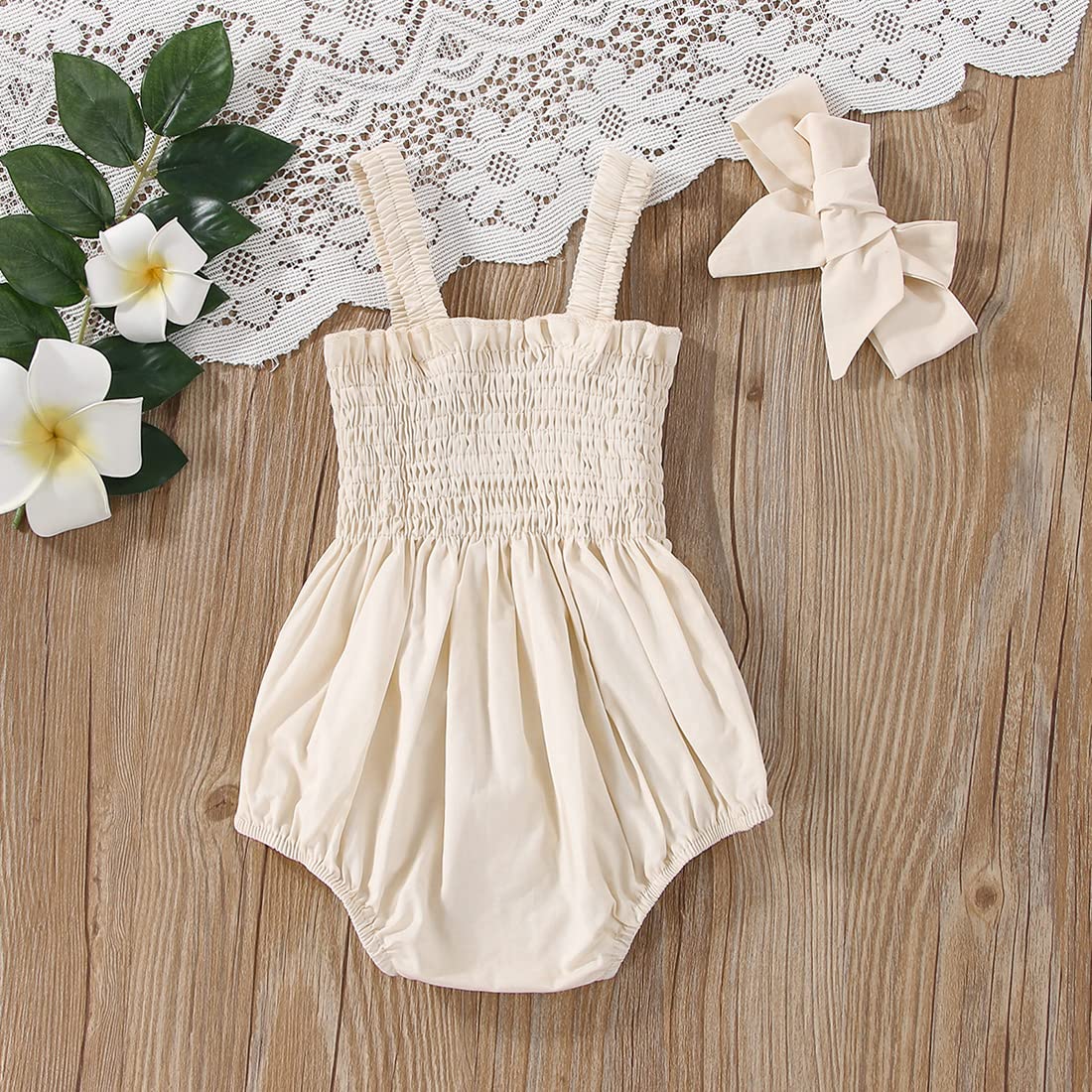Adorable Newborn Baby Girl Summer Outfit - 100% Cotton Linen Romper with Floral Pleated Tops & Matching Headband | Perfect for Photoshoots, Birthday Parties & Daily Wear