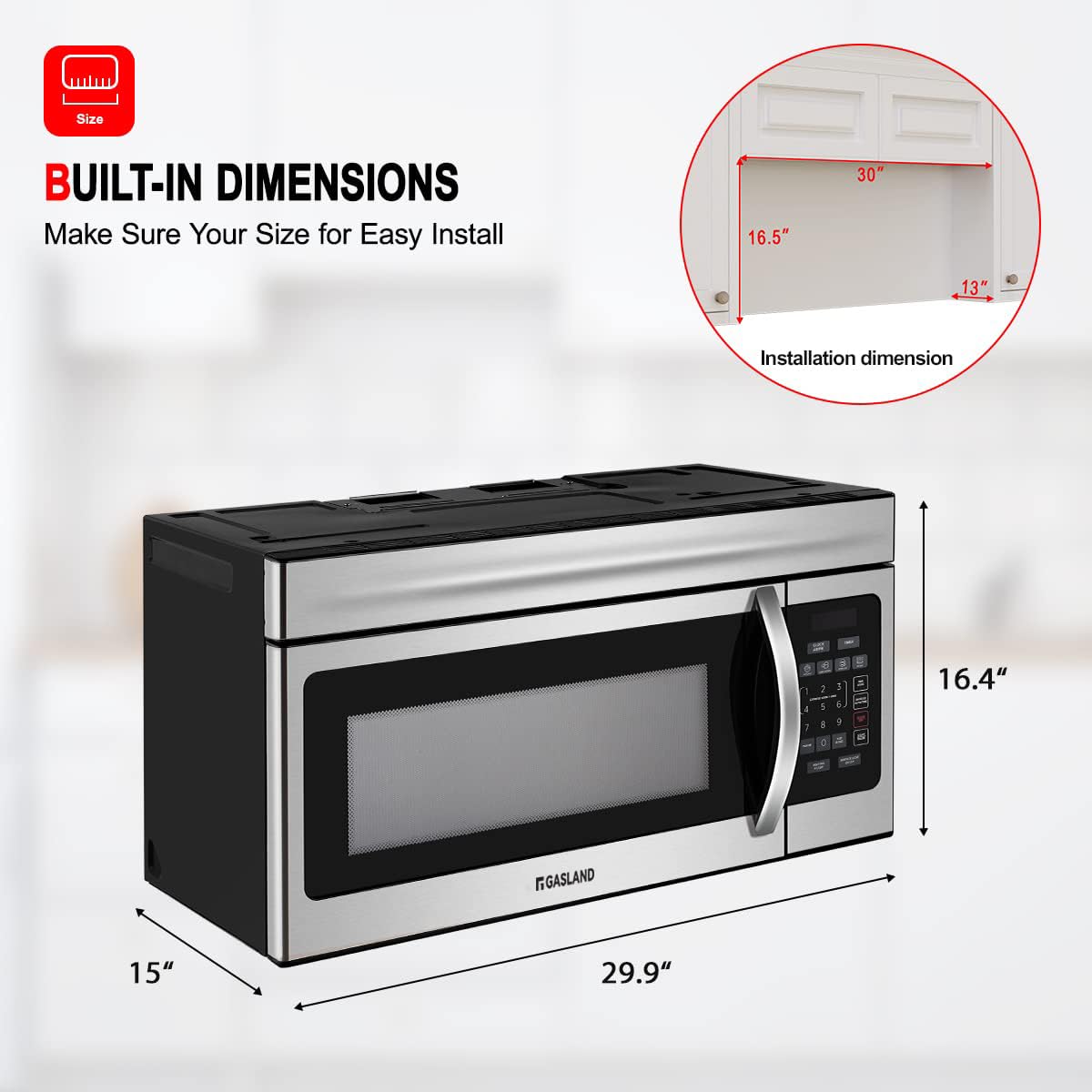 Gasland 1.6 Cu.Ft Over the Range Microwave Oven - 1000W 30 Inch Stainless Steel Built-in Microwave with 300 CFM Exhaust Fan & LED Light (Model OTR1603S) - Perfect for Kitchen Remodeling, Small Spaces & Modern Home Cooking