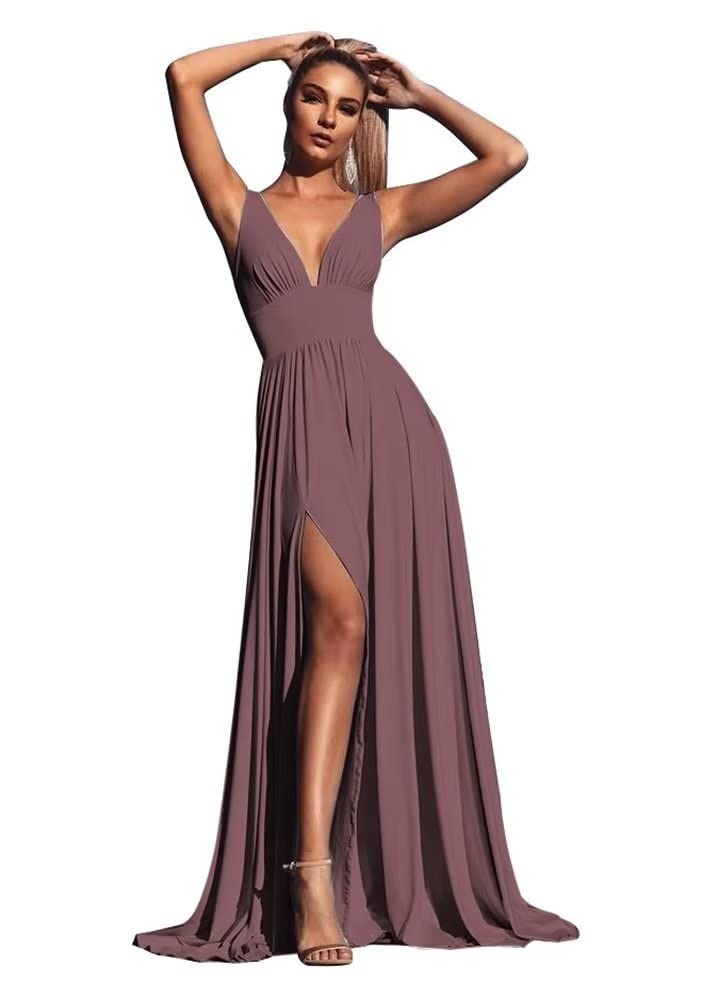 Elegant V-Neck Satin Bridesmaid Dresses for Wedding | Long A-Line Formal Prom Gowns with Side Slit | Women's Evening Party & Special Occasion Dresses