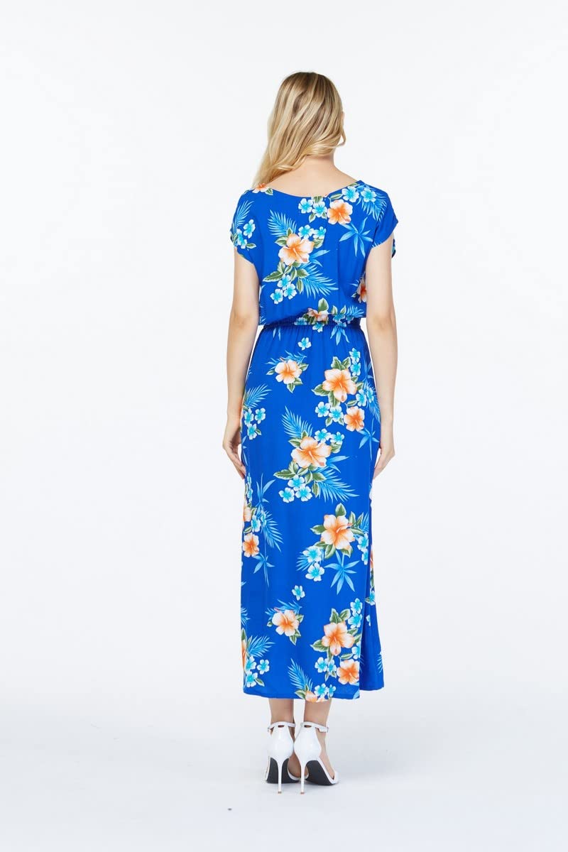Hawaiian Floral Print Women's Maxi Dress - Cap Sleeve Luau Party Dress for Beach Vacation, Summer Outfits & Tropical Themed Events
