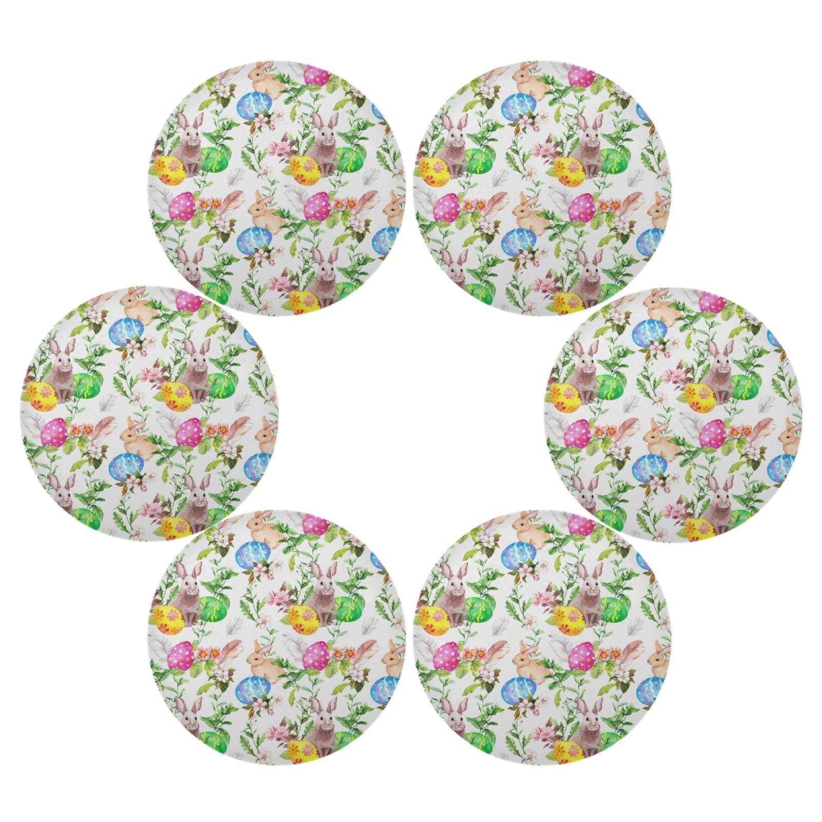 Easter Bunny Eggs in Grass Flowers Round Placemats Set of 6 - Washable Kitchen Table Mats for Easter Decorations, Spring Dining, Holiday Parties & Family Gatherings
