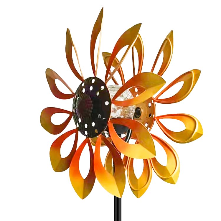 Solar-Powered Dual Direction Wind Spinner - Kinetic Metal Copper Bronze Yard Art for Garden, Lawn & Outdoor Decor | Weather-Resistant Spinning Ornament with LED Lights for Patio, Backyard & Landscape Decoration