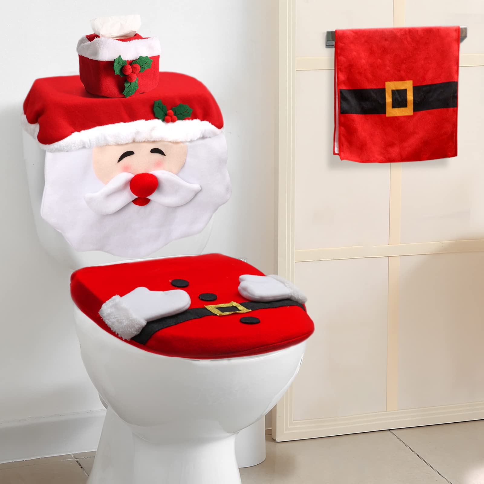 BL Ninfee Christmas Toilet Seat Cover & Towel Set - Festive Santa Design for Holiday Bathroom Decor - Perfect for Home, Party & Gift Giving