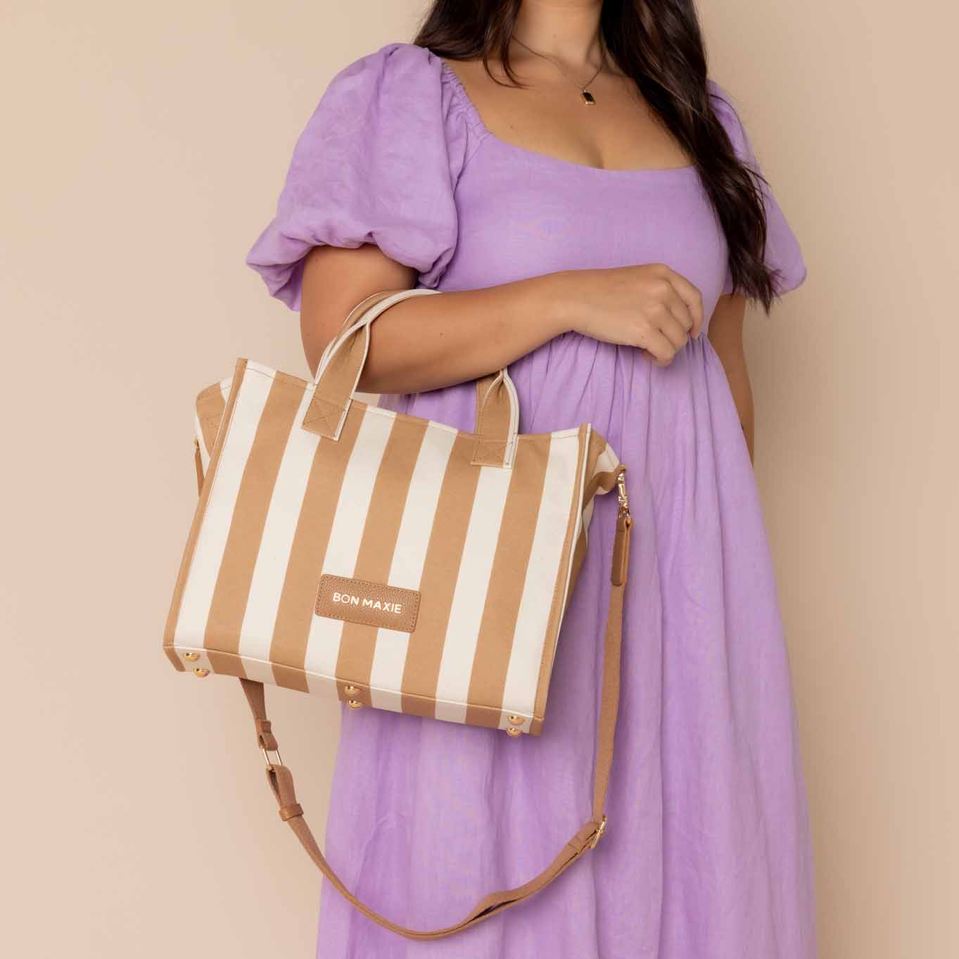 Structured Tote Bag for Women - Small Leather Crossbody Shoulder Bag with Tan Stripe Design - Perfect for Work, Travel & Everyday Use