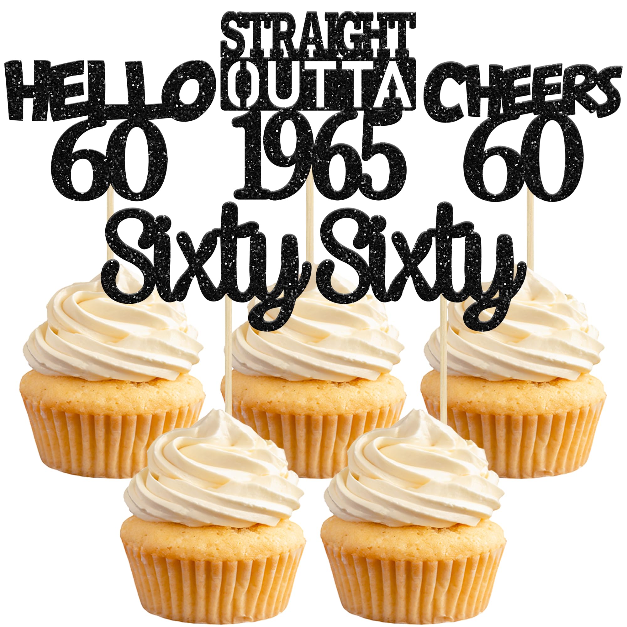 24 Pack Black 60th Birthday Cupcake Toppers - Glitter Sixty Straight Outta 1965 Decorations for Hello 60 Cupcakes | Cheers to 60 Years Anniversary Cake Supplies | Perfect for Milestone Birthdays, Retirement Parties & Golden Jubilee Celebrations