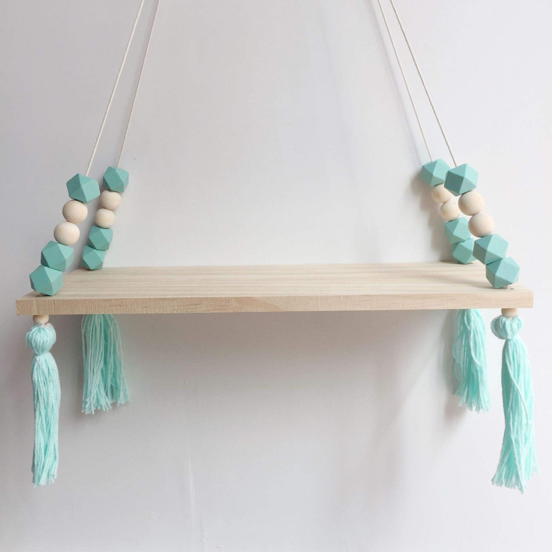 MIOKY Wooden Floating Shelves for Kids Room - Green Beads Tassel Wall Hanging Shelf, Bookshelf & Plant Display | Nursery Decor, Bedroom Storage & Living Room Organization | Perfect for Books, Toys & Home Decor