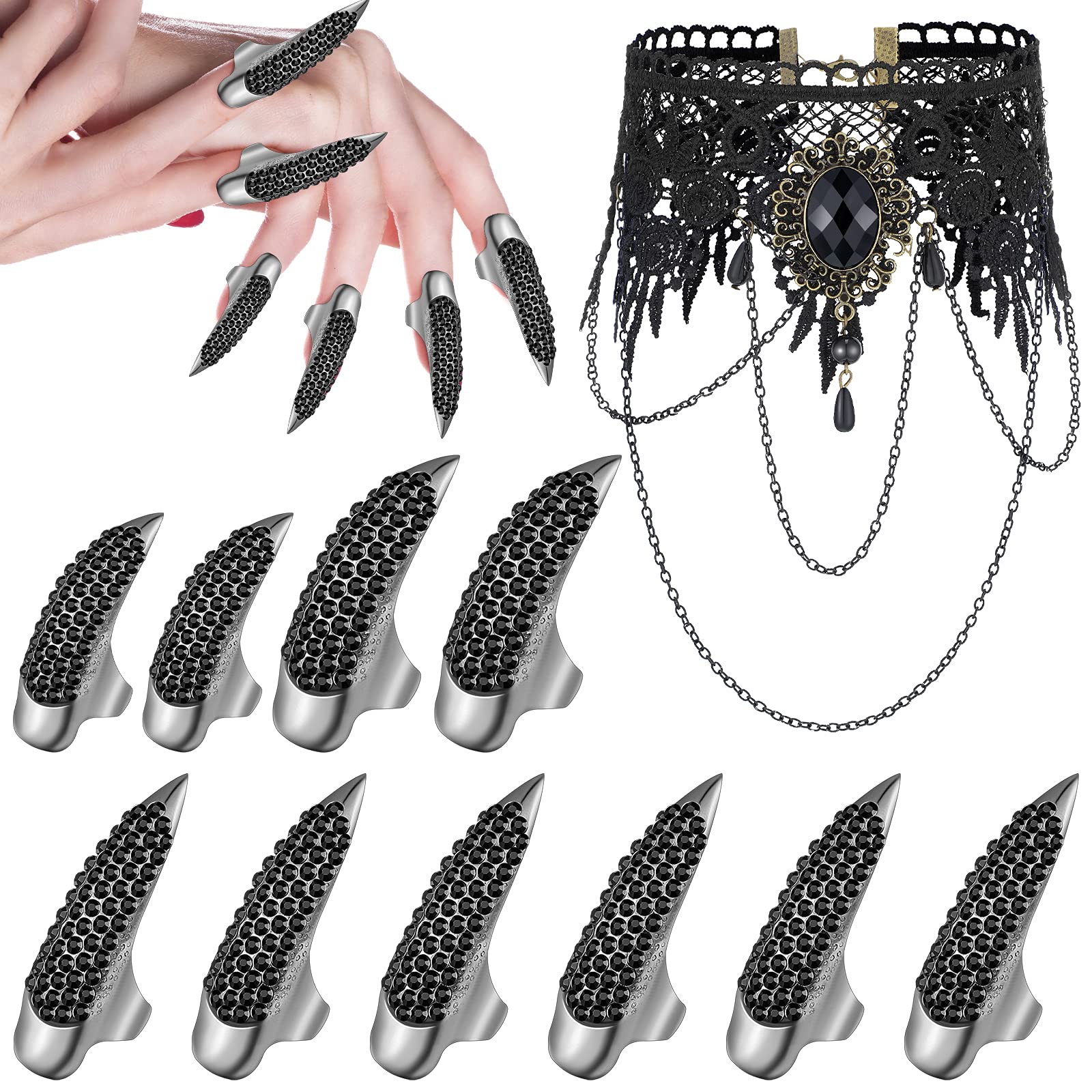 10 Pieces Halloween Claw Nail Rings Set - 3 Sizes Gothic Punk Fake Nails with Black Lace Choker Necklace for Women, Halloween Costume Accessories for Parties, Cosplay and Gothic Fashion