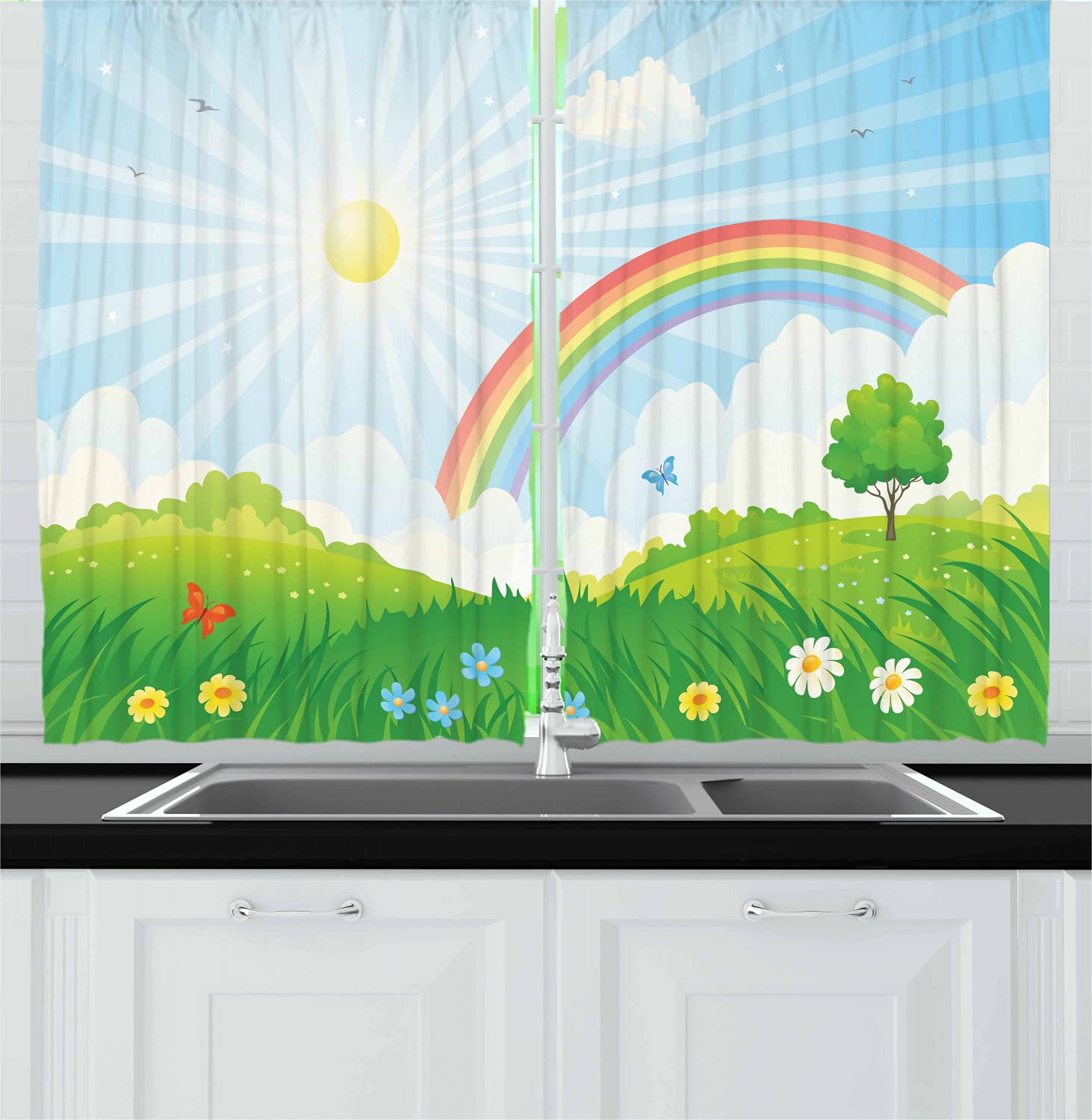 Ambesonne Cloud Kitchen Curtains Set of 2 - Cartoon Summer Nature Design with Sun, Rainbow, Flowers & Butterflies - 55