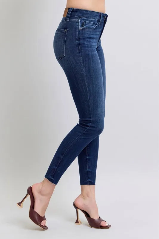 Judy Blue Women's Plus Size Mid Rise Skinny Jeans with Raw Hem - Stretch Denim Pants for Casual Wear & Everyday Comfort