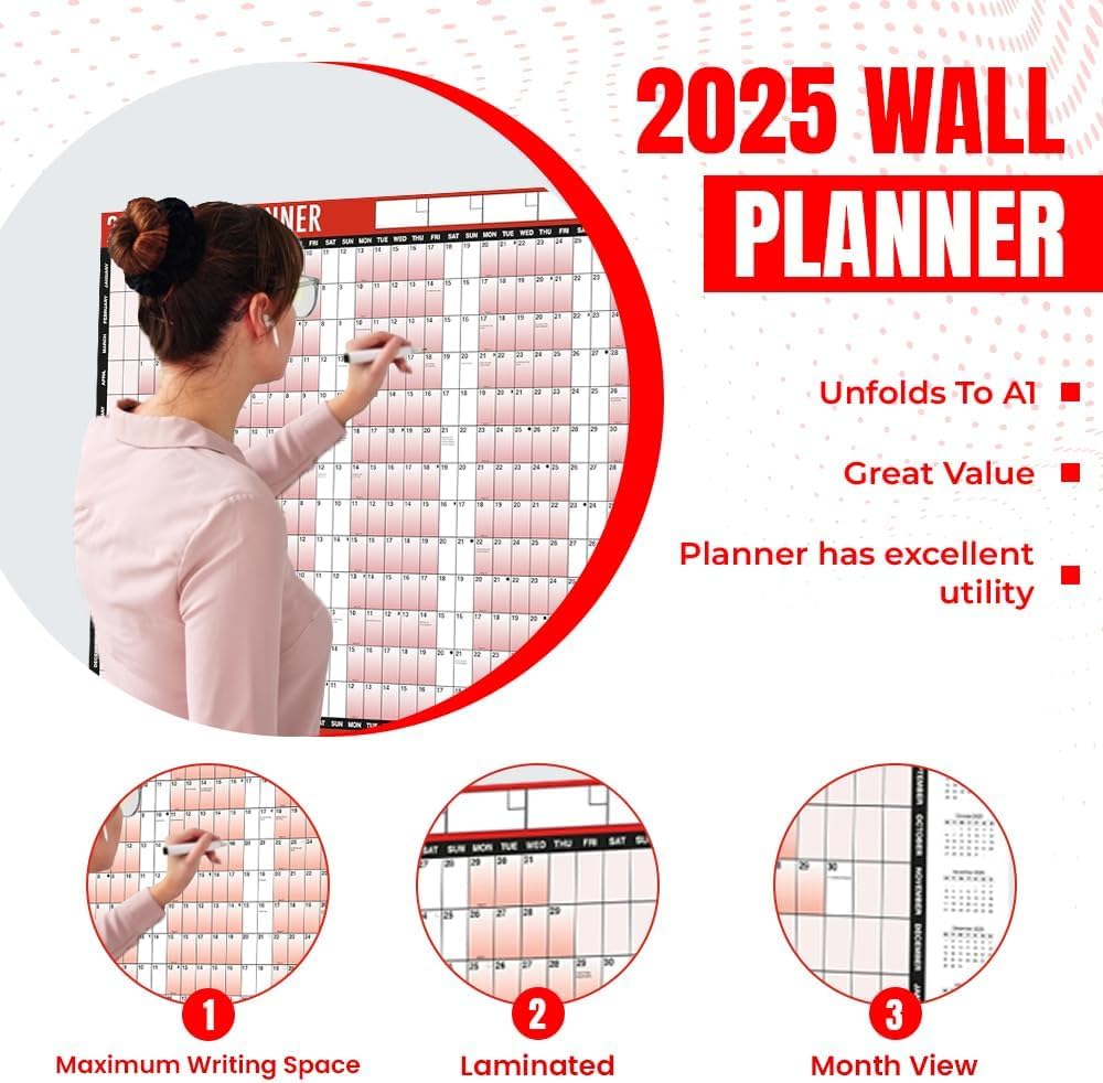 2025 Wall Planner - A1 Size 85cm x 58cm Laminated Annual Calendar with Stickers & Dry Erase Pen | Yearly Organizer Chart for Home Office, Business Planning, School Classroom & Family Scheduling | Perfect for Goal Tracking, Project Management & Wall Decoration