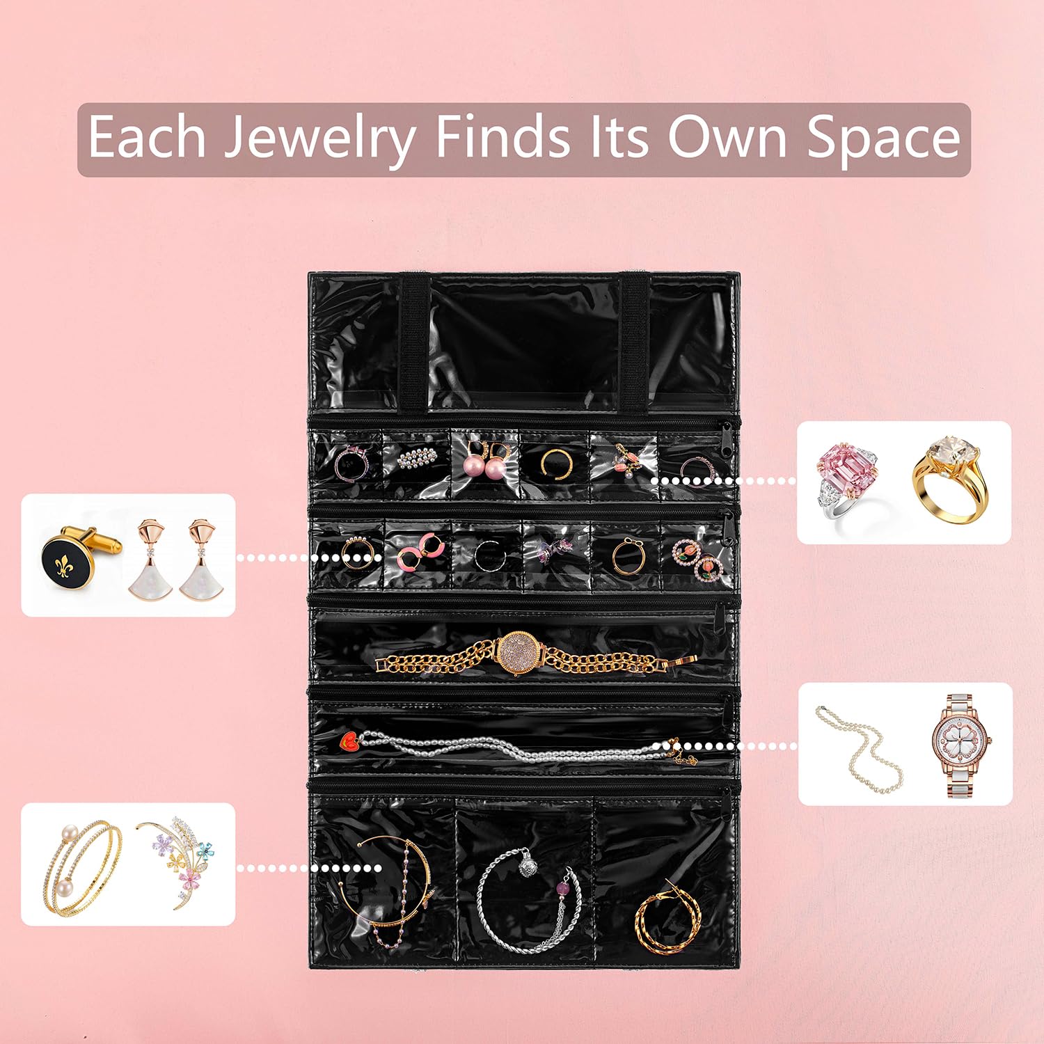 Foldable Travel Jewelry Organizer with 17 Zippered Pockets - Storage Bag for Earrings, Rings, Necklaces & Bracelets - Perfect for Vacation, Business Trips & Daily Makeup Organization