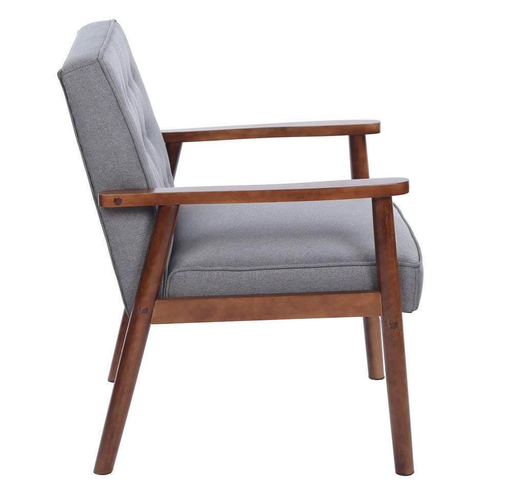Mid-Century Modern Accent Chair - Retro Fabric Upholstered Lounge Chair with Wooden Arms for Living Room, Bedroom or Office - Comfortable Grey Armchair for Relaxing & Reading