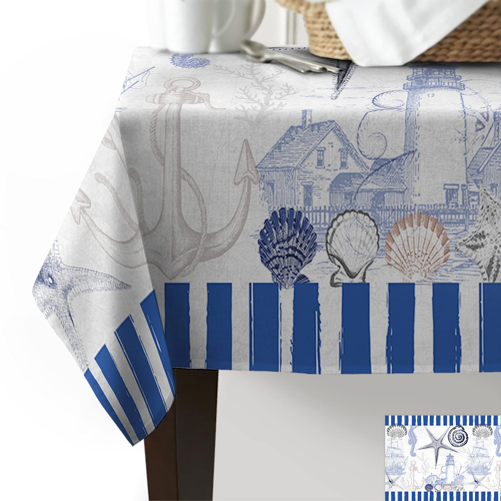 60x120 Inch Nautical Themed Polyester Tablecloth - Waterproof & Spillproof Dining Table Cover for Indoor/Outdoor Parties, Daily Use - Seashell, Starfish, Lighthouse, Seahorse Retro Blue Design | Perfect for Beach Weddings, Summer BBQs & Coastal Home Decor
