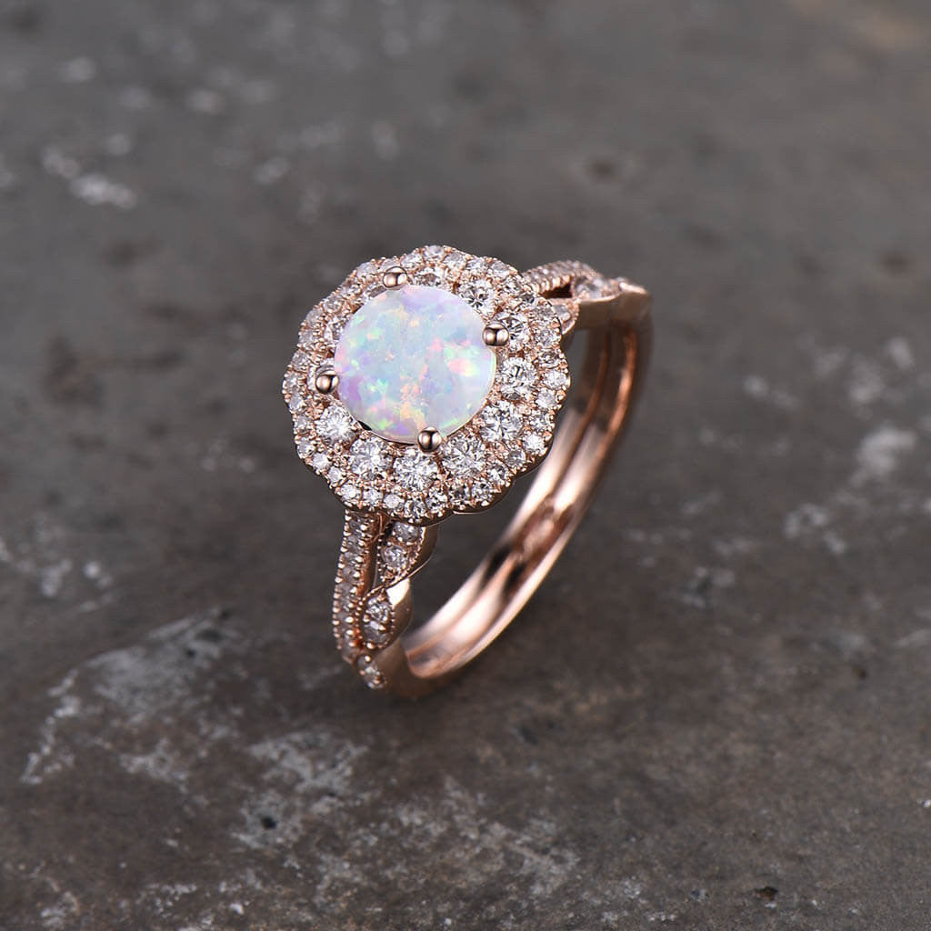 Opal Engagement Ring Set for Women - 14K Rose Gold Vintage Bridal Ring with Filigree & Milgrain Details | Perfect for Proposals, Weddings & Anniversary Gifts
